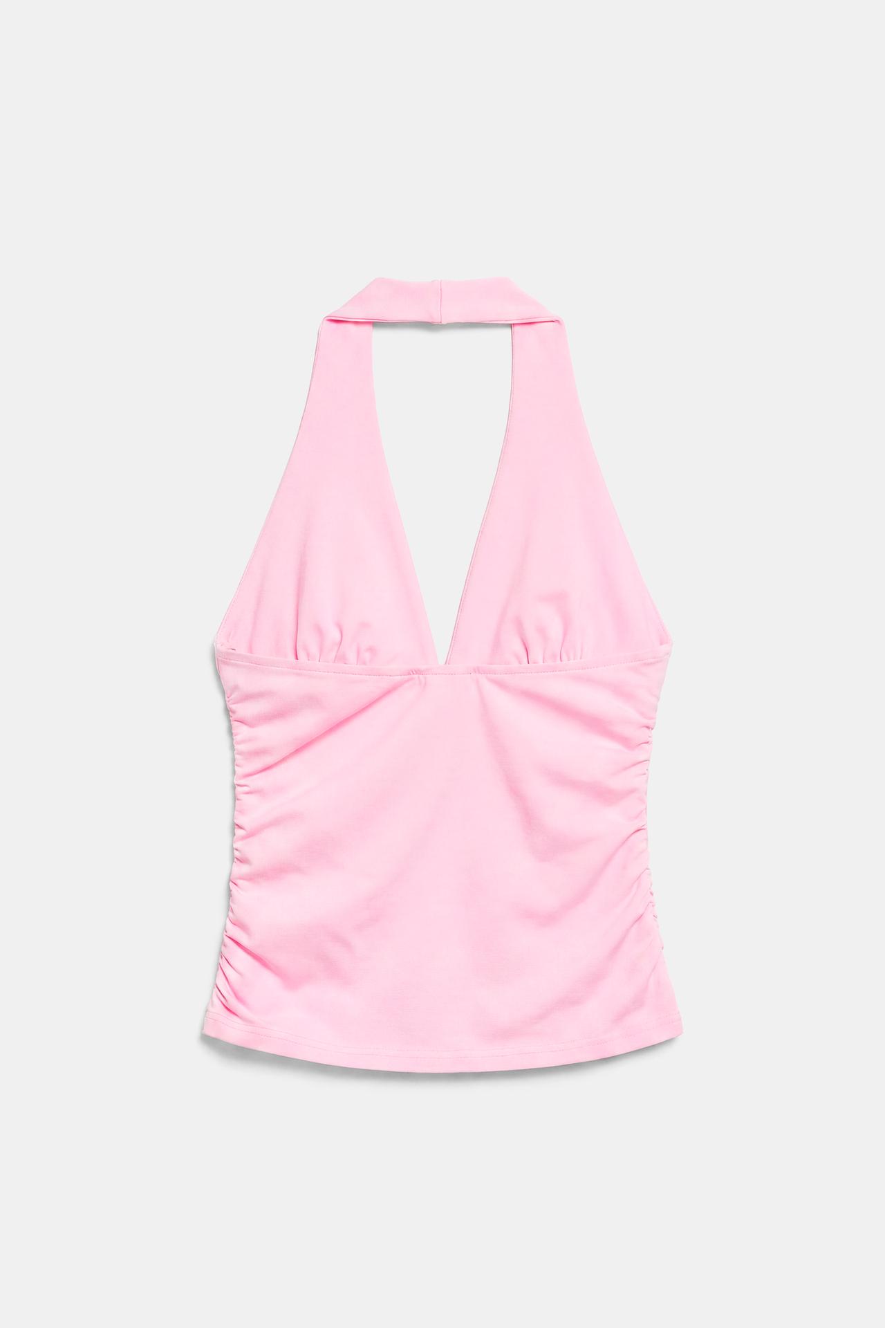 Halter neck top with gathering — Pink