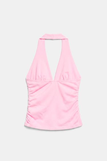 Halter neck top with gathering — Pink 6