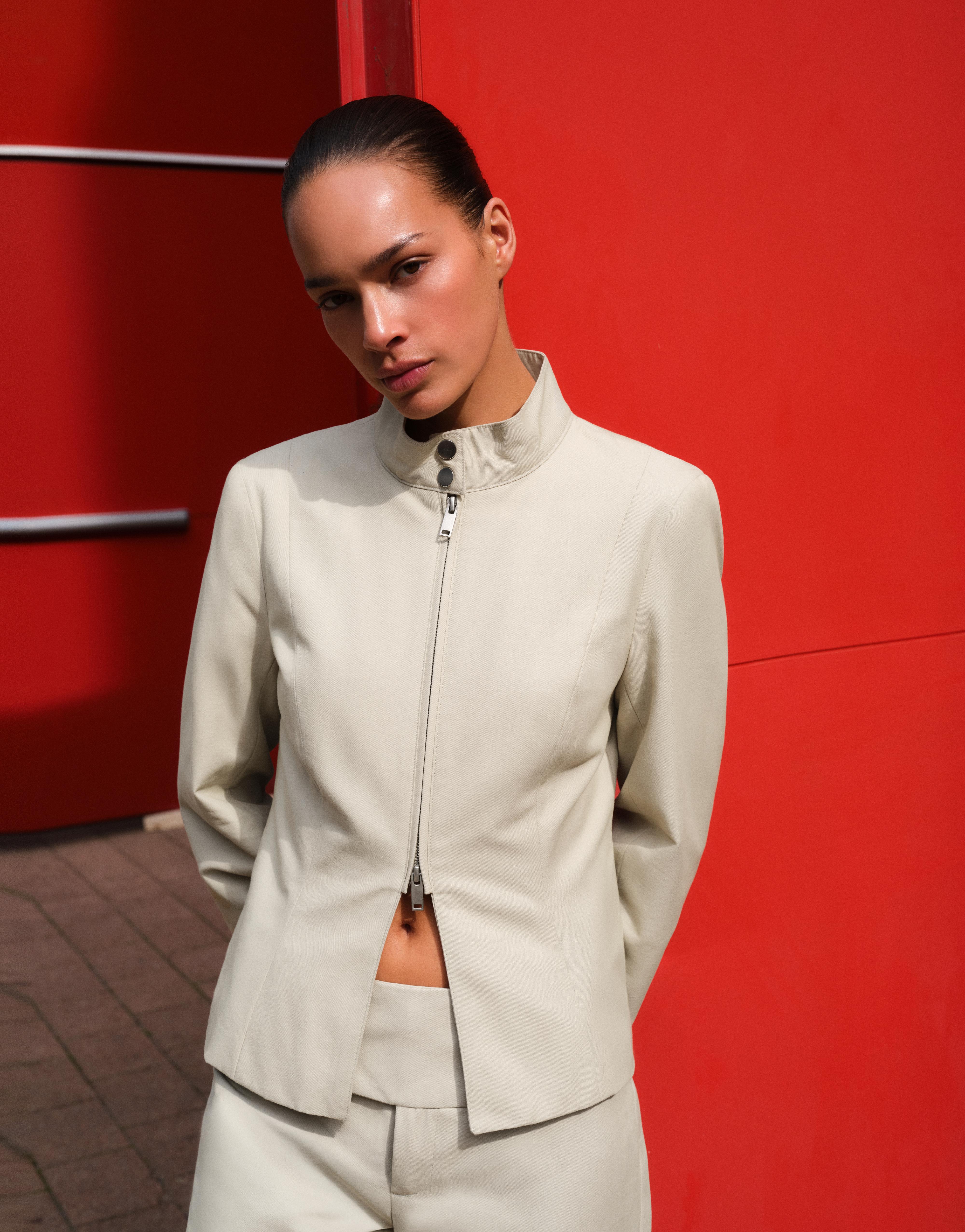 Fitted high neck jacket — Sand