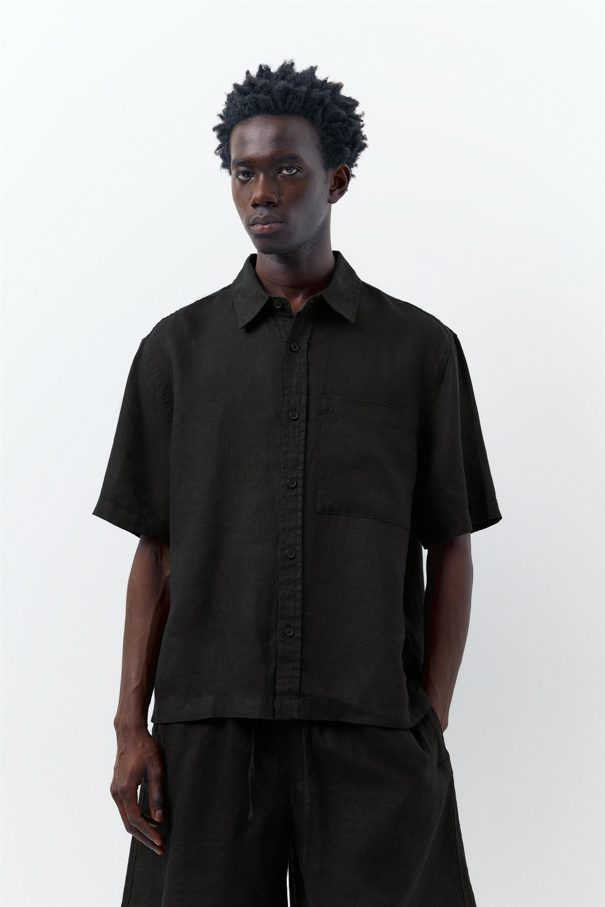 100% linen short sleeve shirt — Black
