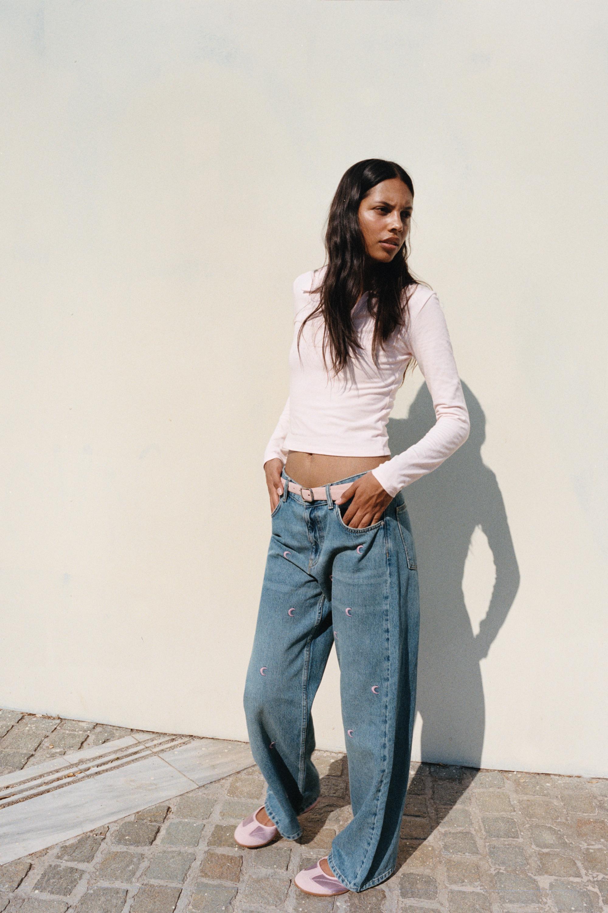 Embroidered moon baggy jeans — Medium blue