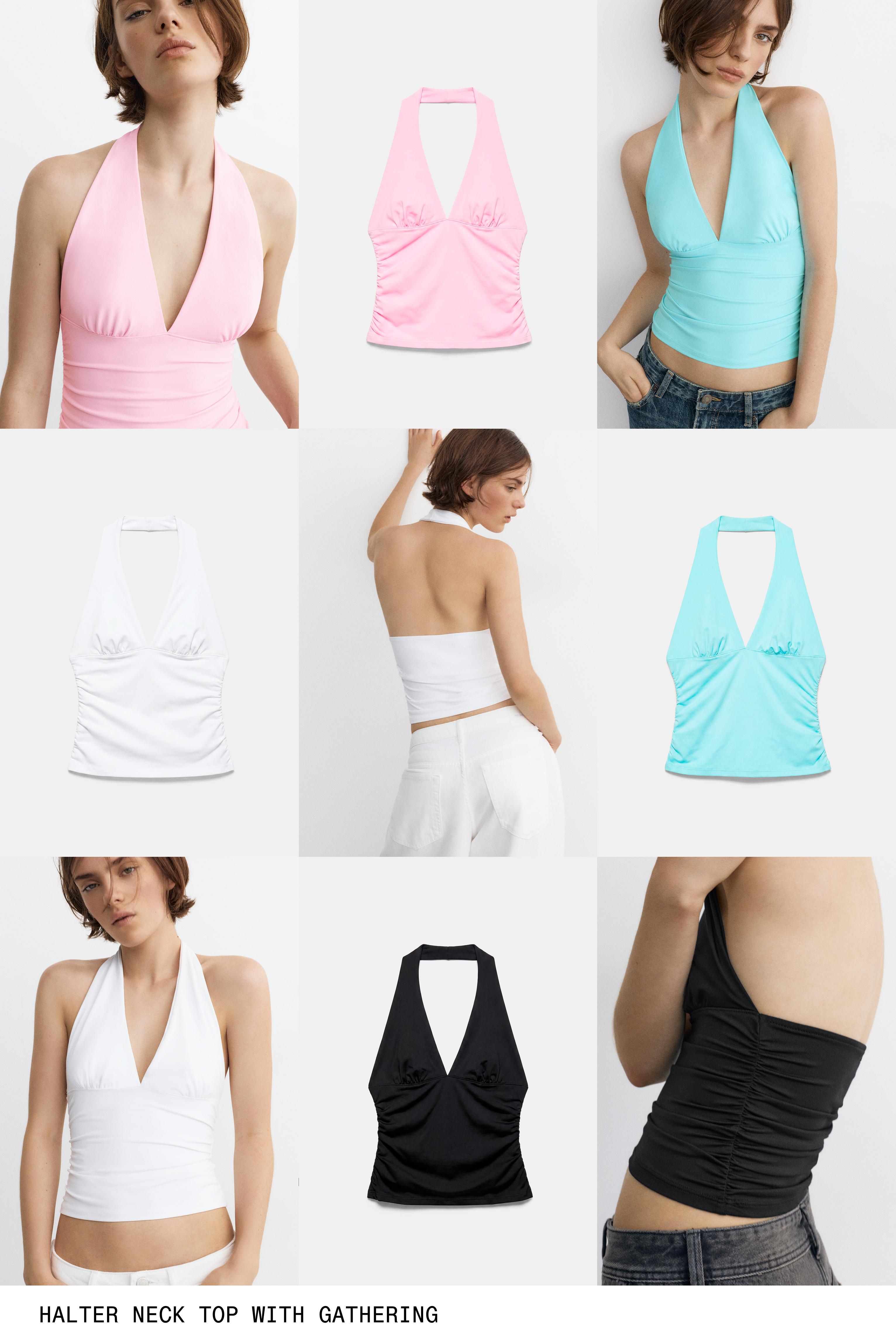 Halter neck top with gathering — White