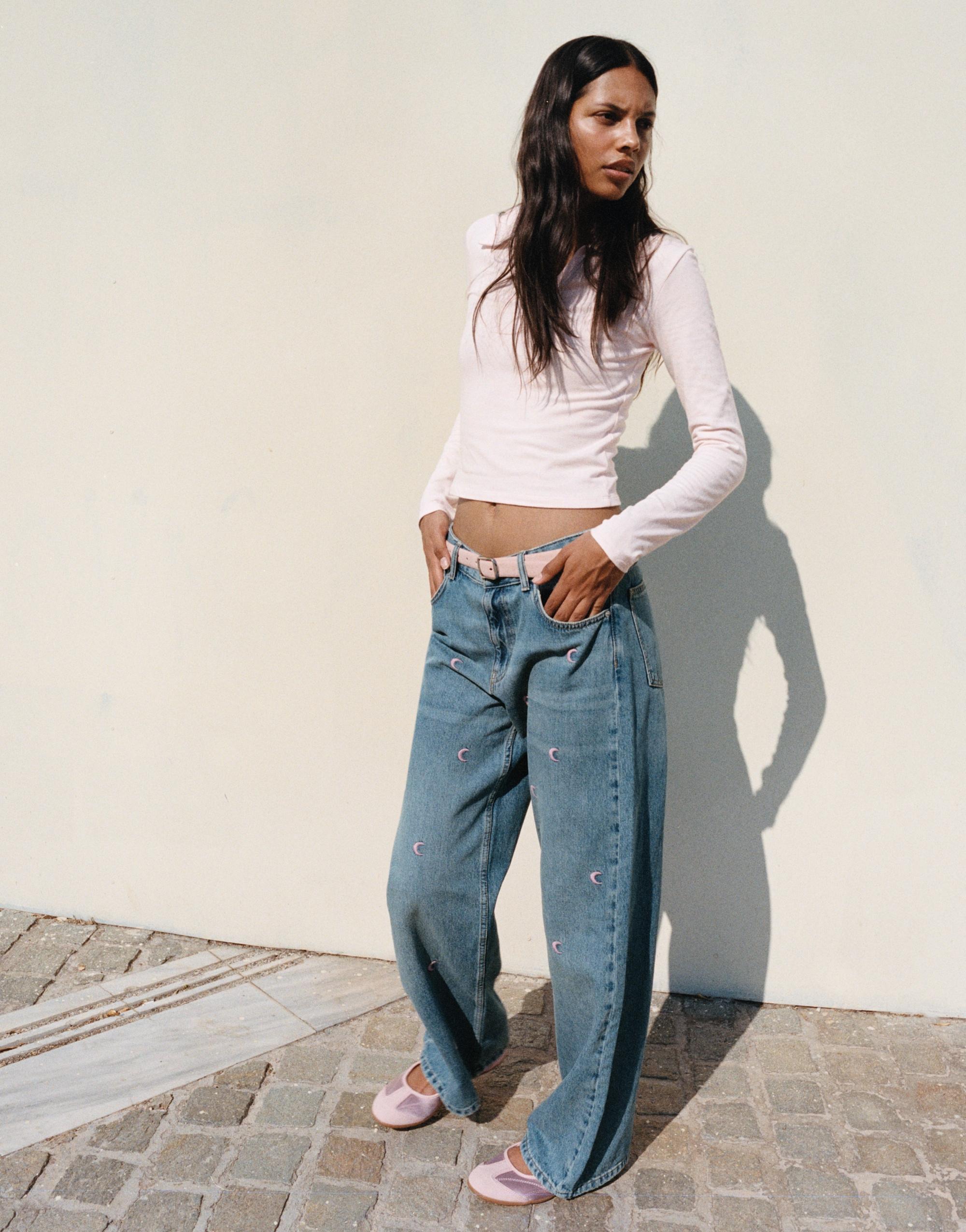 Embroidered moon baggy jeans — Medium blue