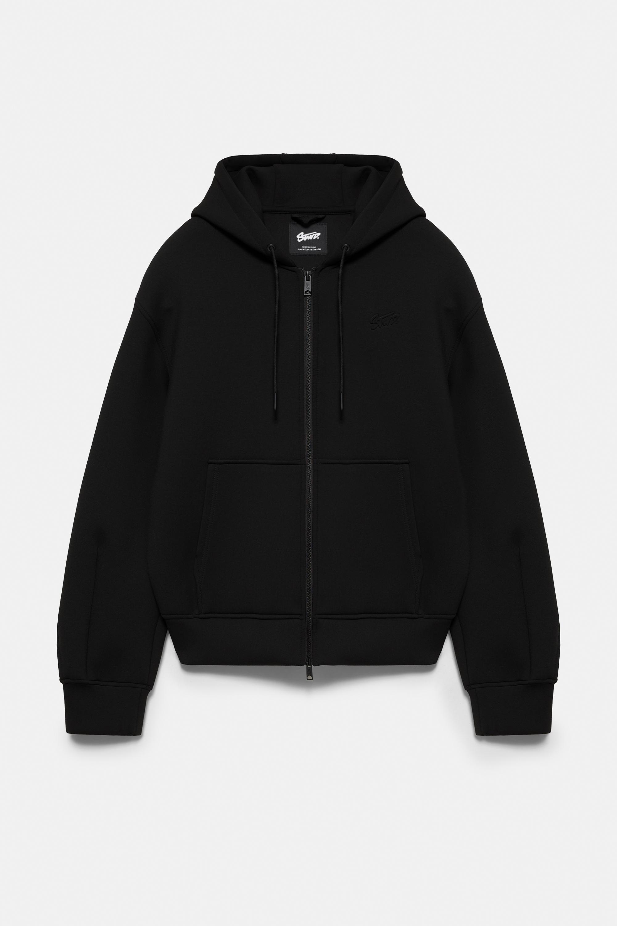 Neoprene-effect zip-up hoodie — Black