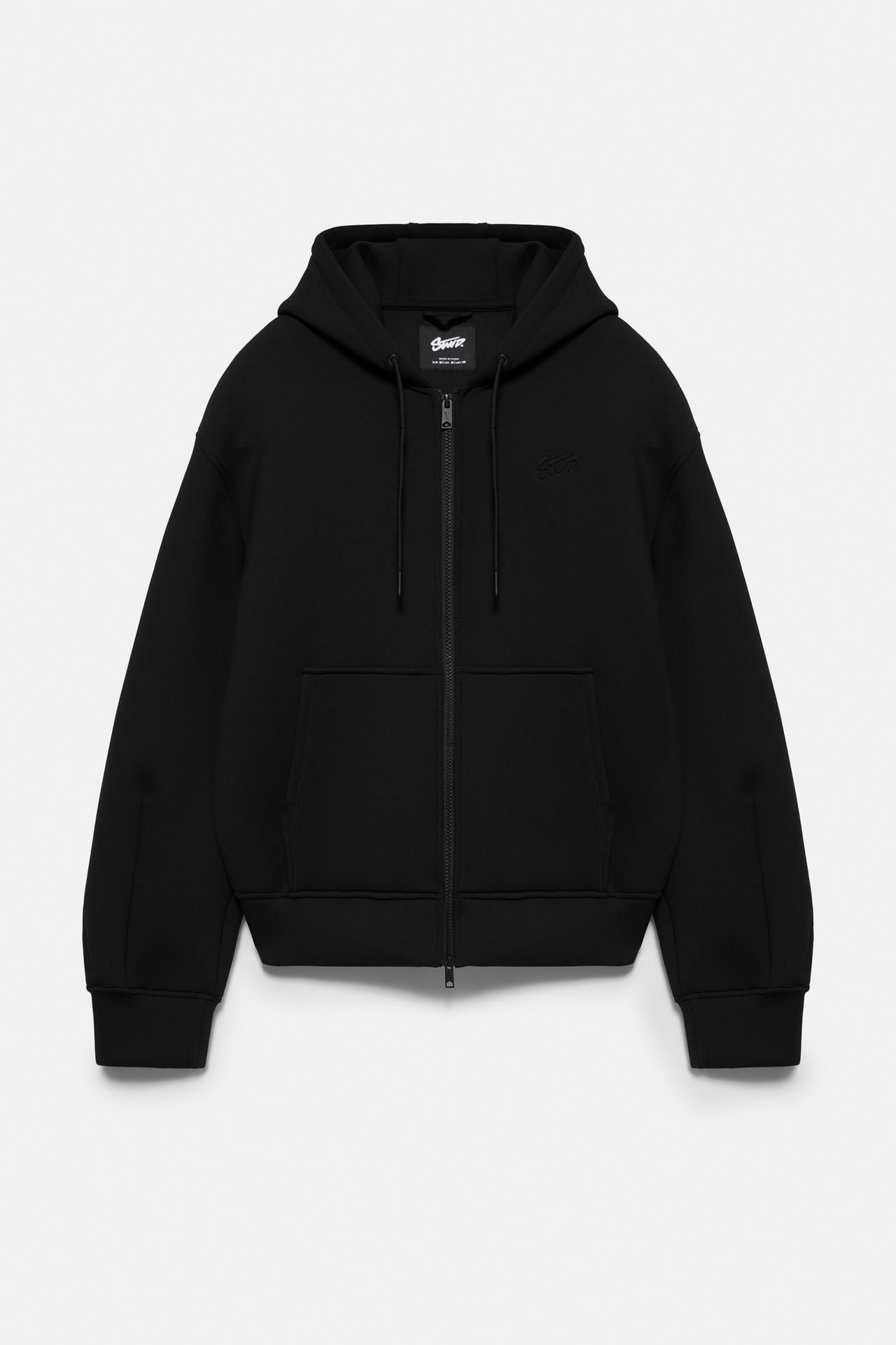 Neoprene-effect zip-up hoodie — Black