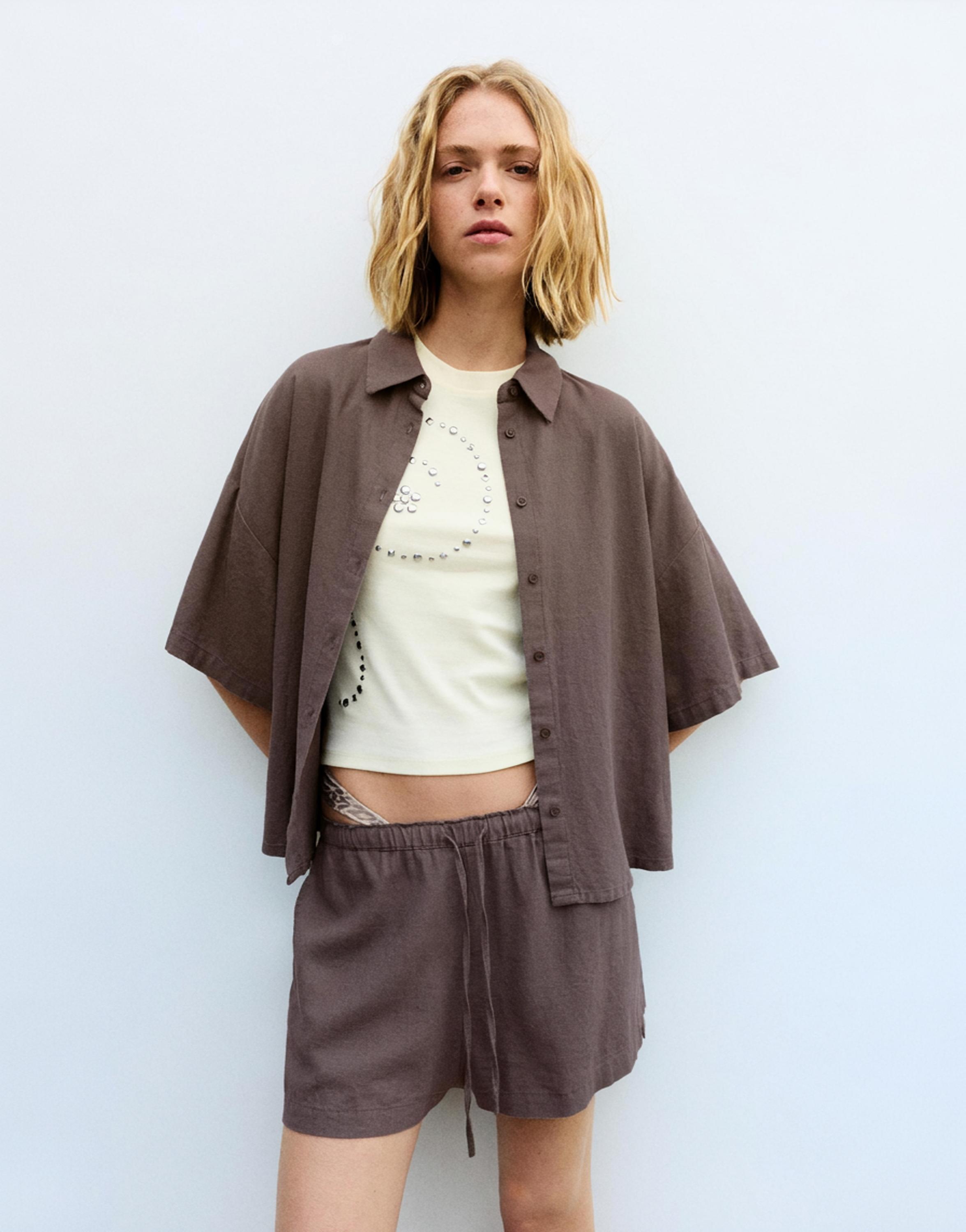Short sleeve linen blend shirt — Pale brown