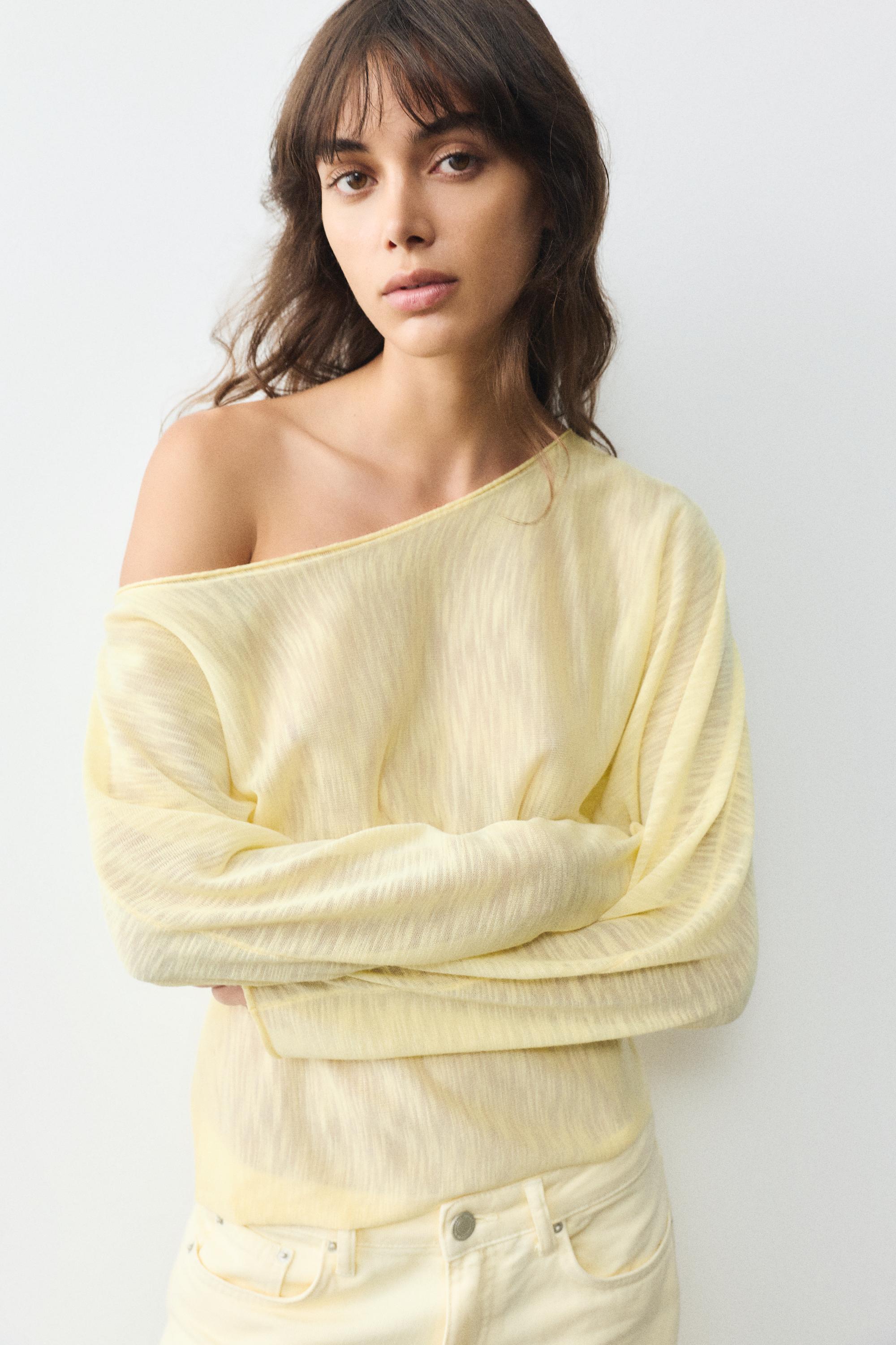 Fine knit asymmetric T-shirt — Yellow
