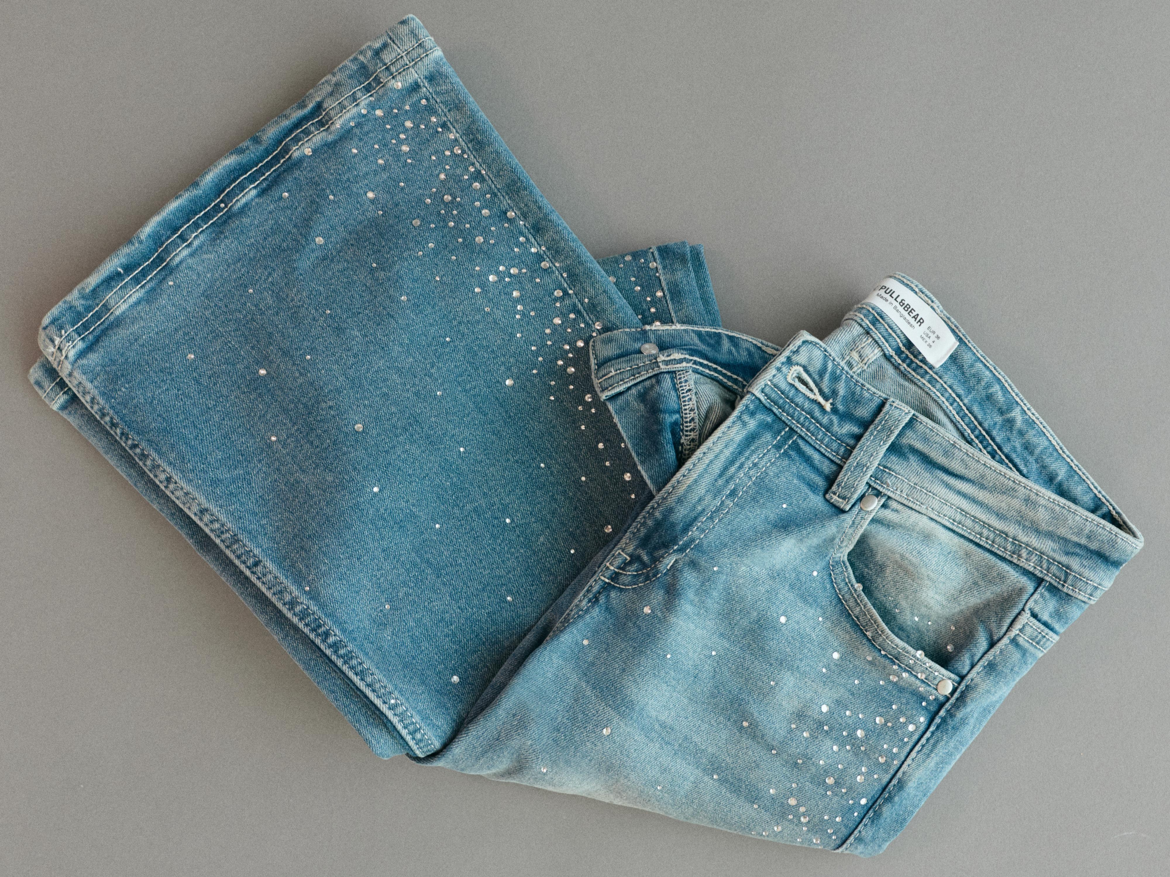 Rhinestone boot-cut jeans — Greenish blue