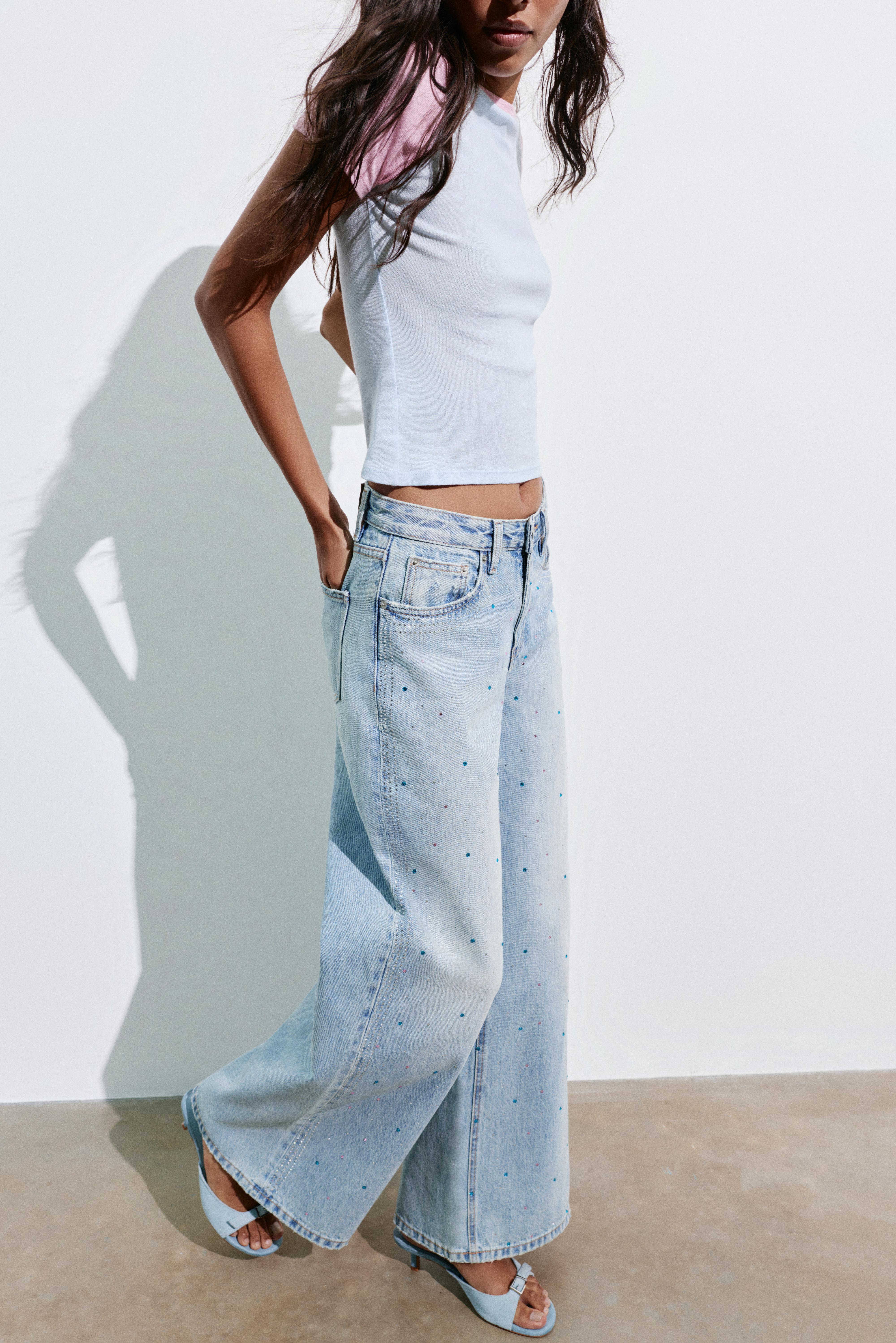 Rhinestone wide-leg jeans — Pale blue