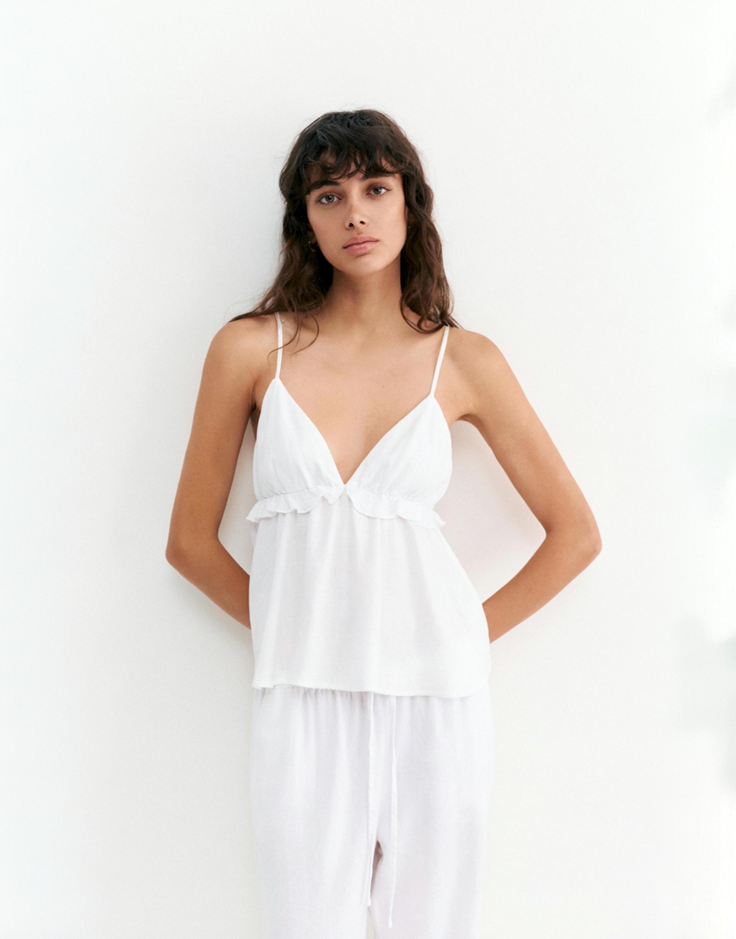 Ruffled linen top — White