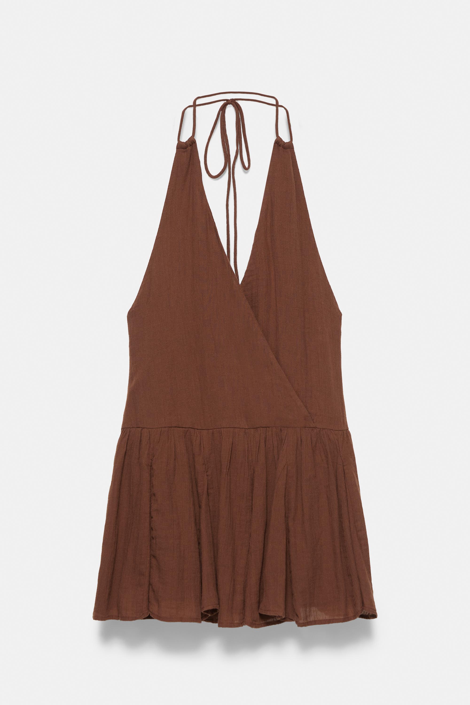 Surplice neckline short dress — Brown