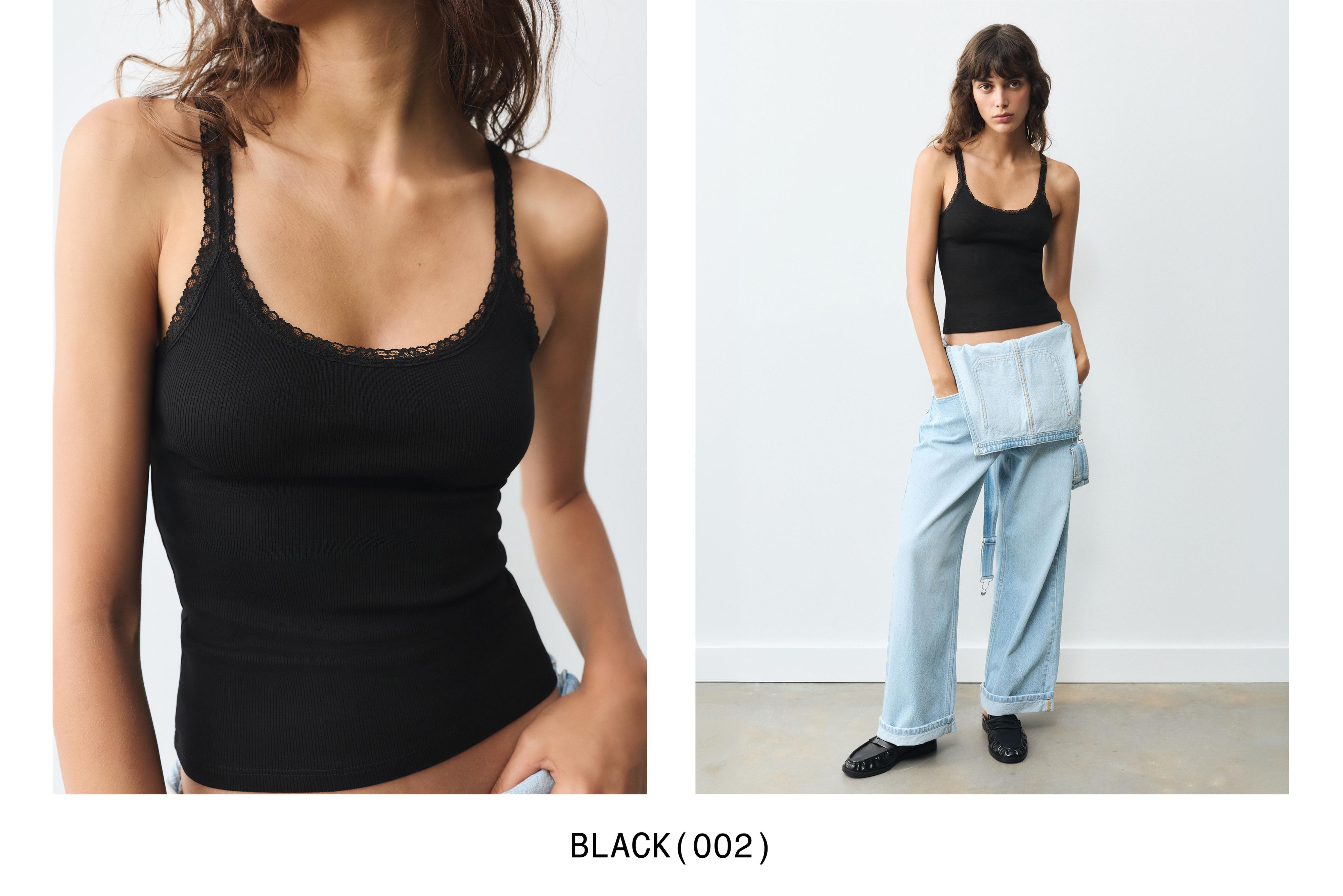 Lace-trim tank top — Black