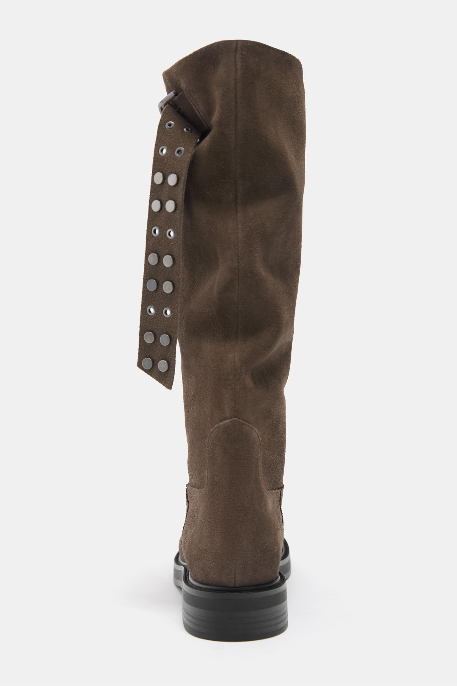 Tall leather buckle boots — Taupe