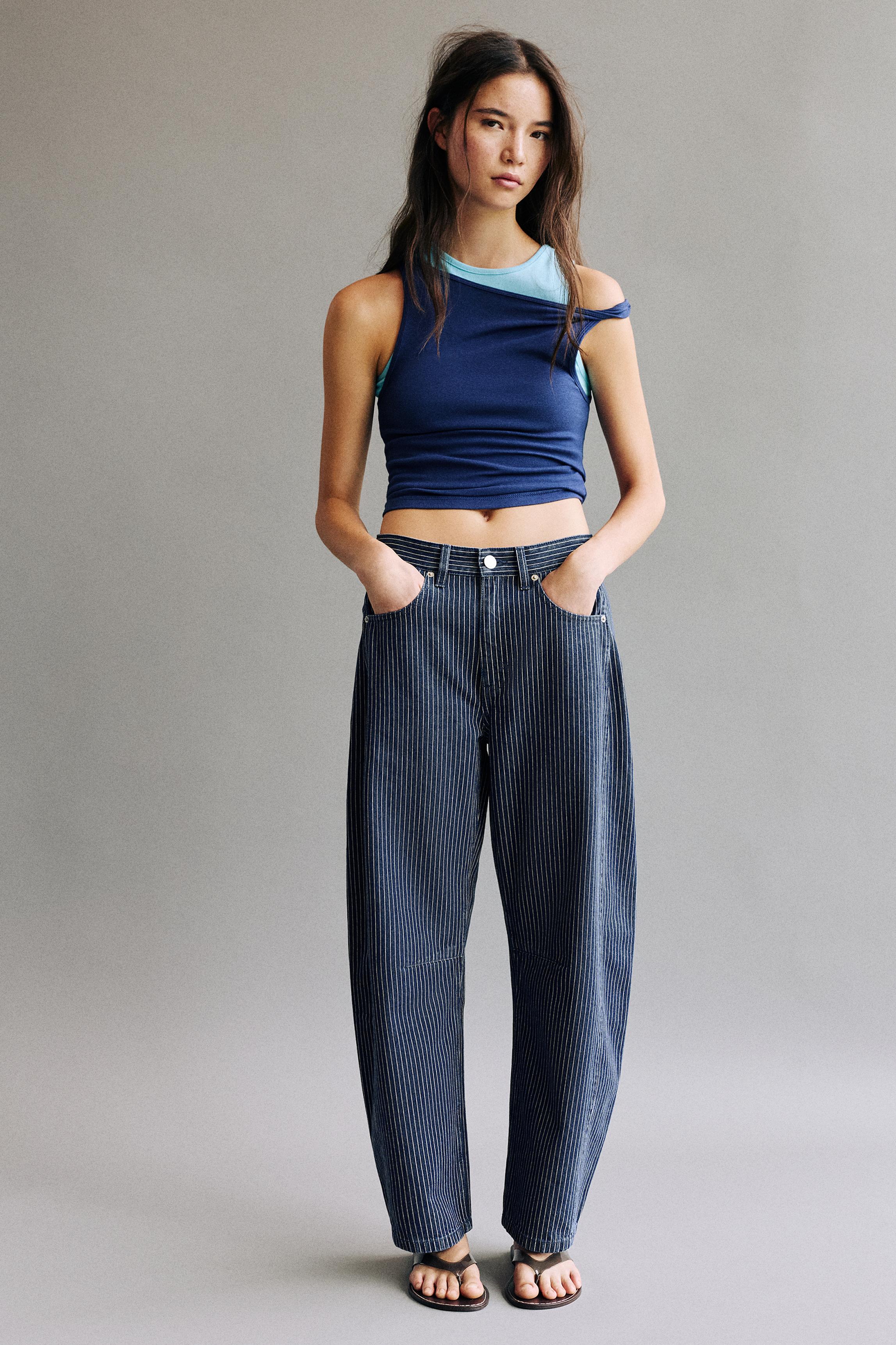 Striped balloon jeans with seams — Medium blue