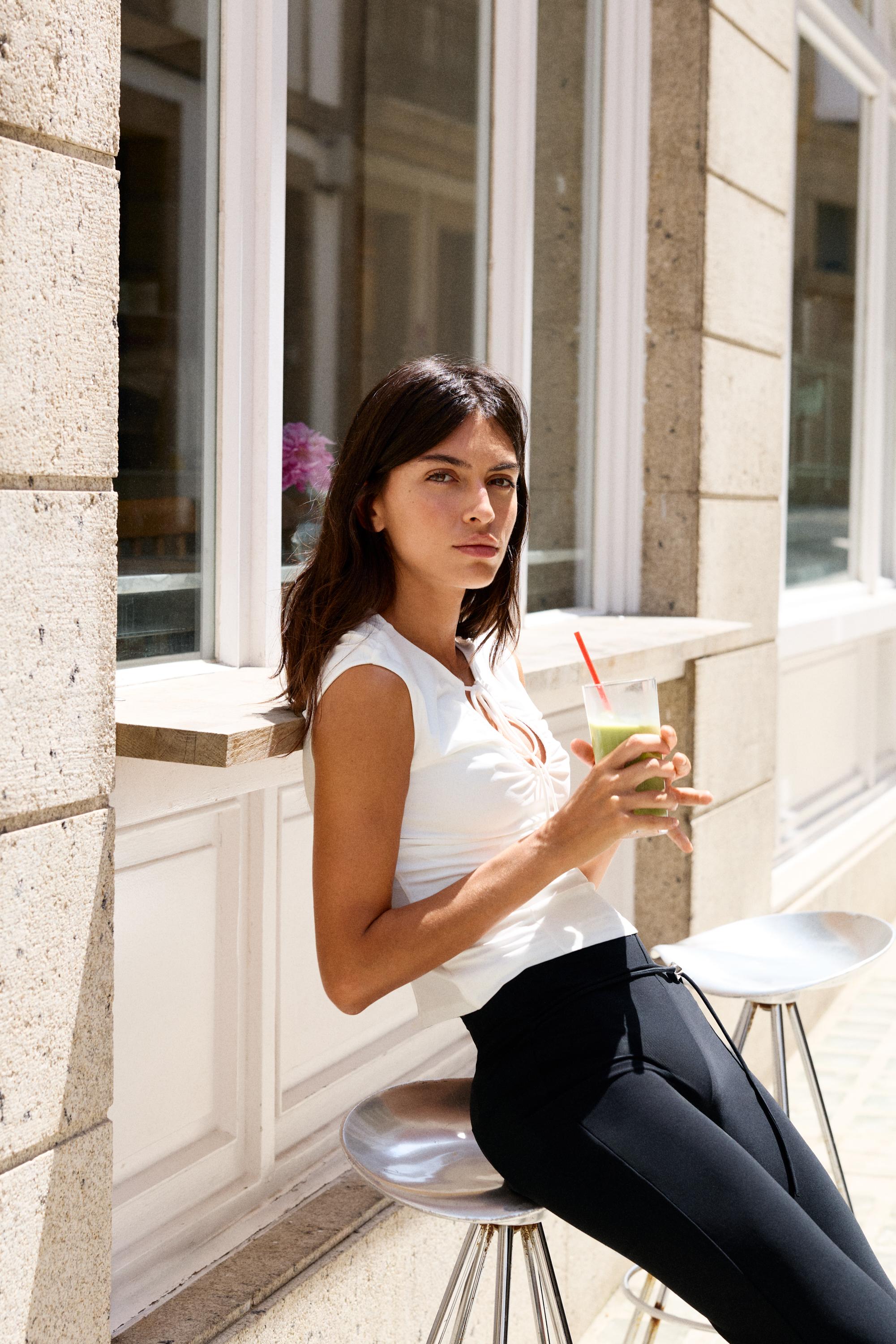 Gathered tie-neck top — Ecru