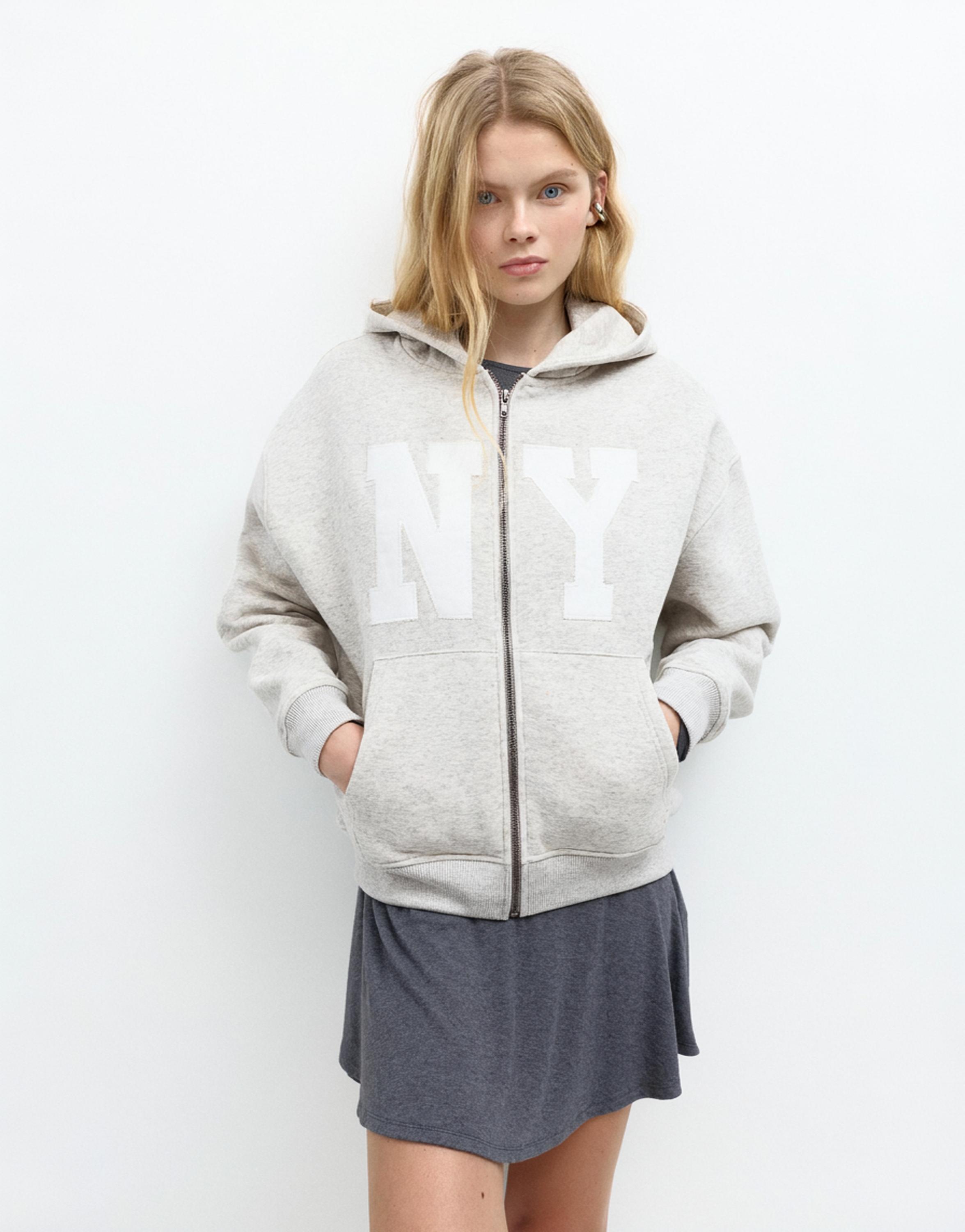 Graphic zip-up hoodie — Grey marl