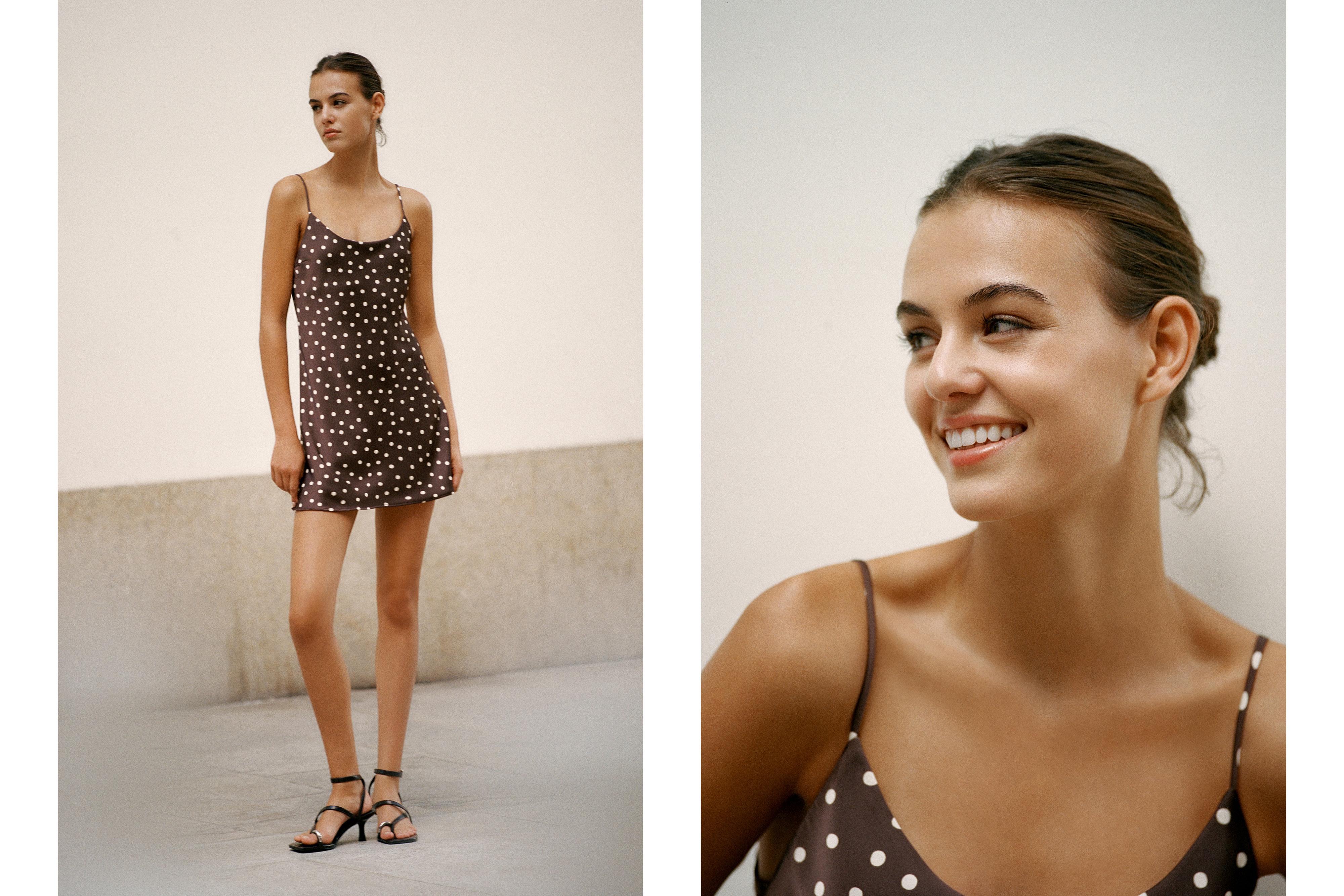 Short satin strappy dress — Brown/Ecru