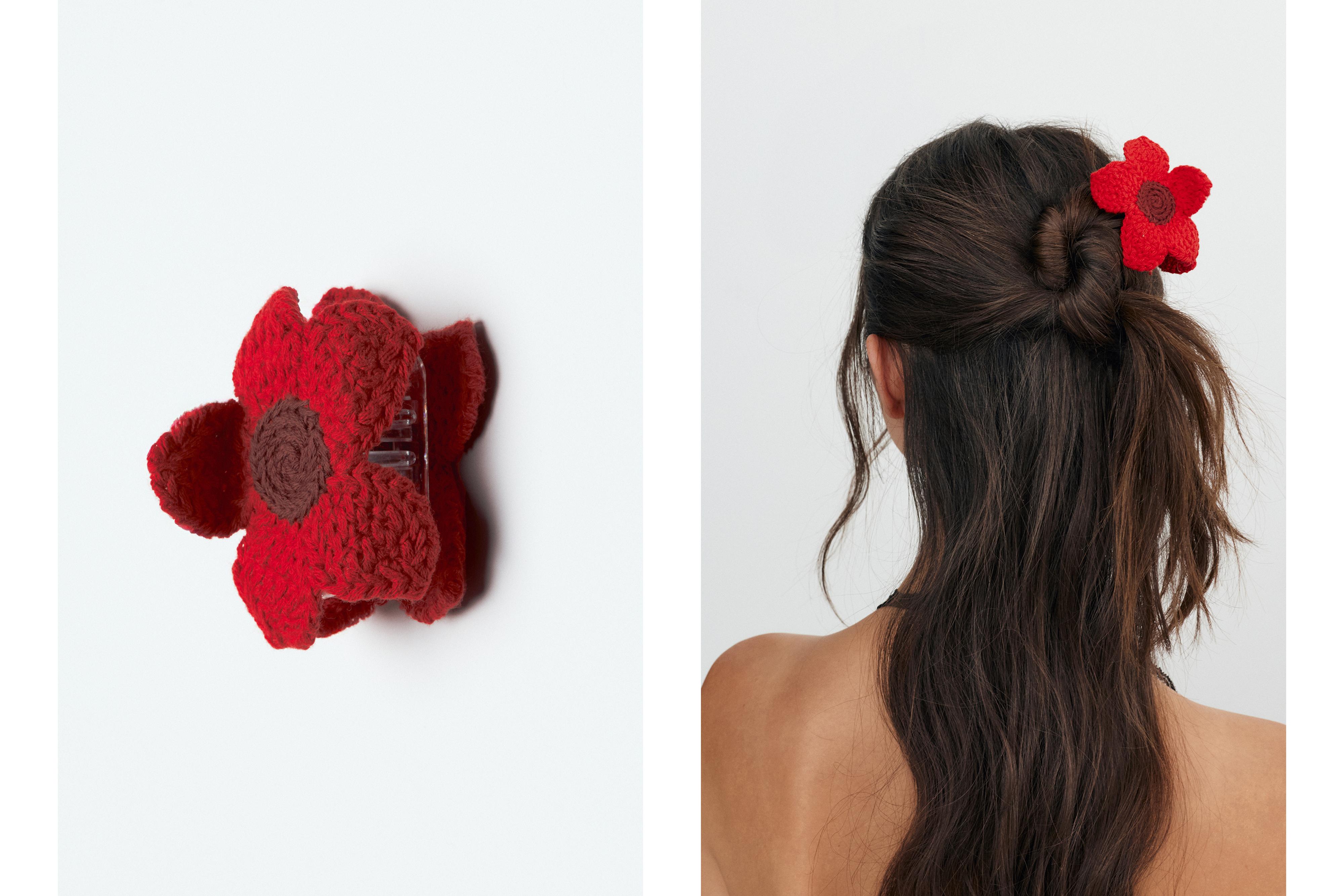 Crochet flower hair clip — Red