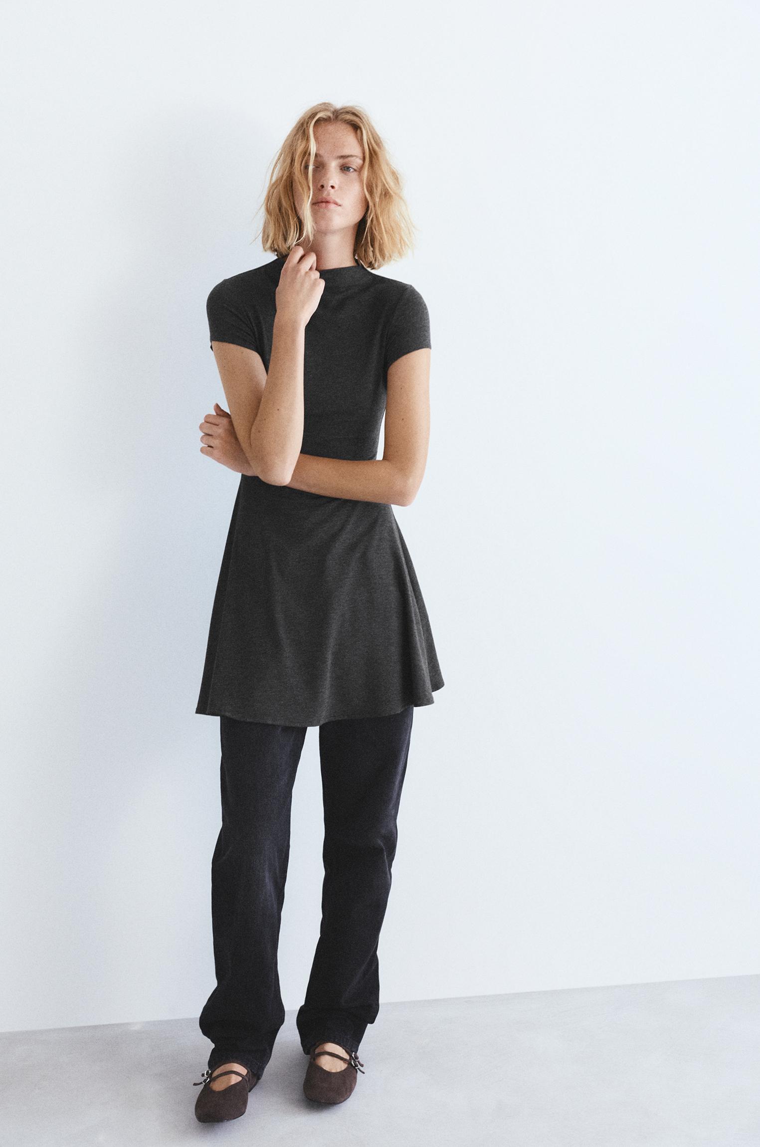 Short mock neck dress — Grey marl