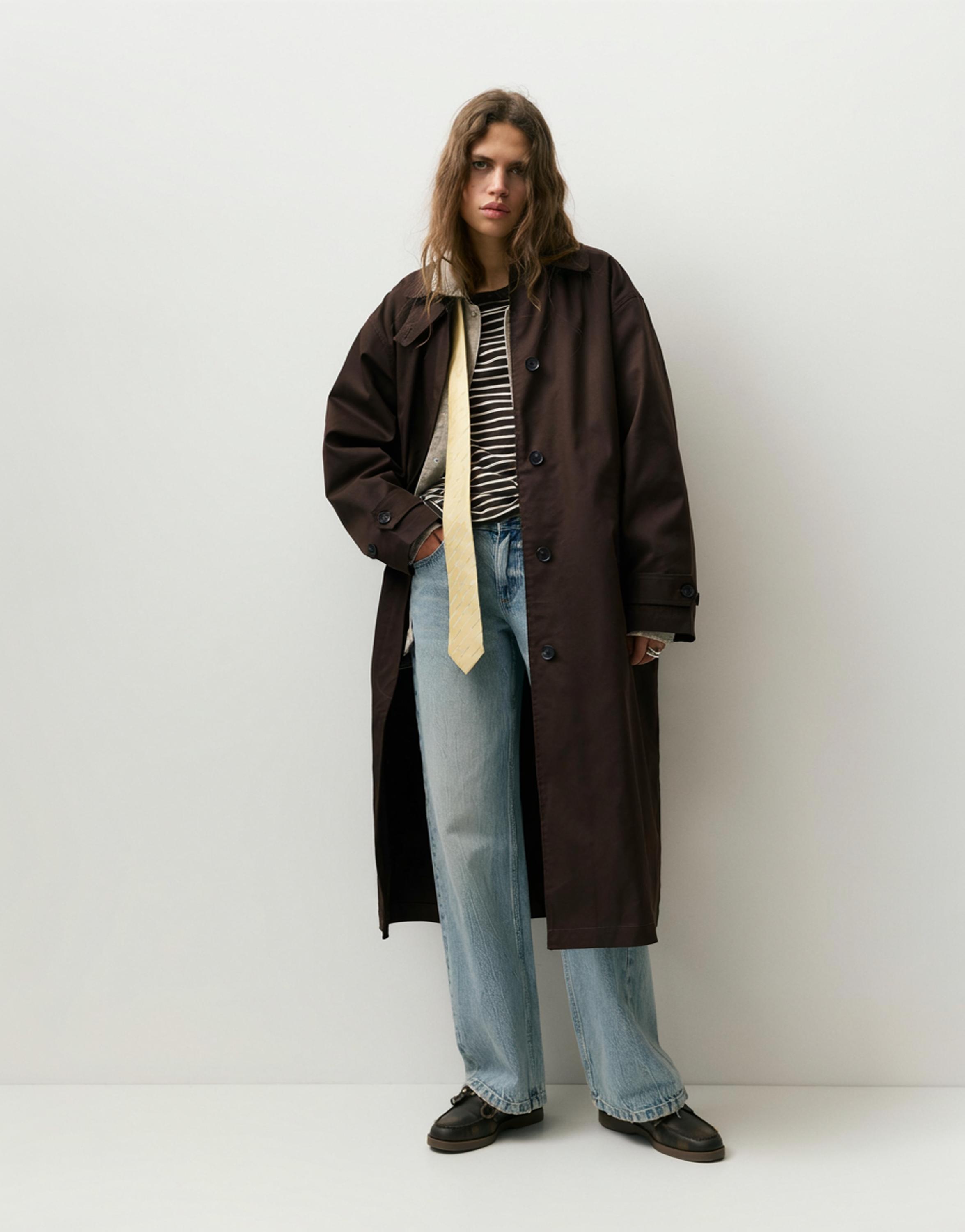 Kahverengi oversize trençkot - Görsel 7