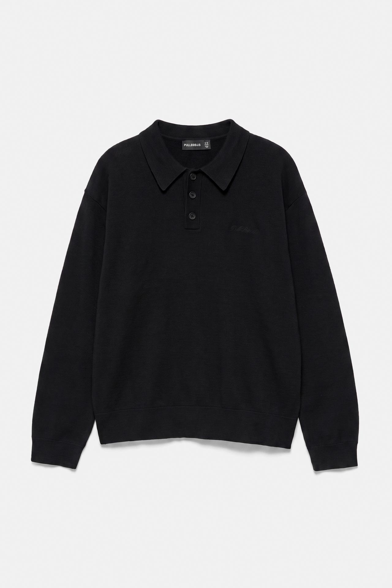 Long sleeve knit polo shirt — Black
