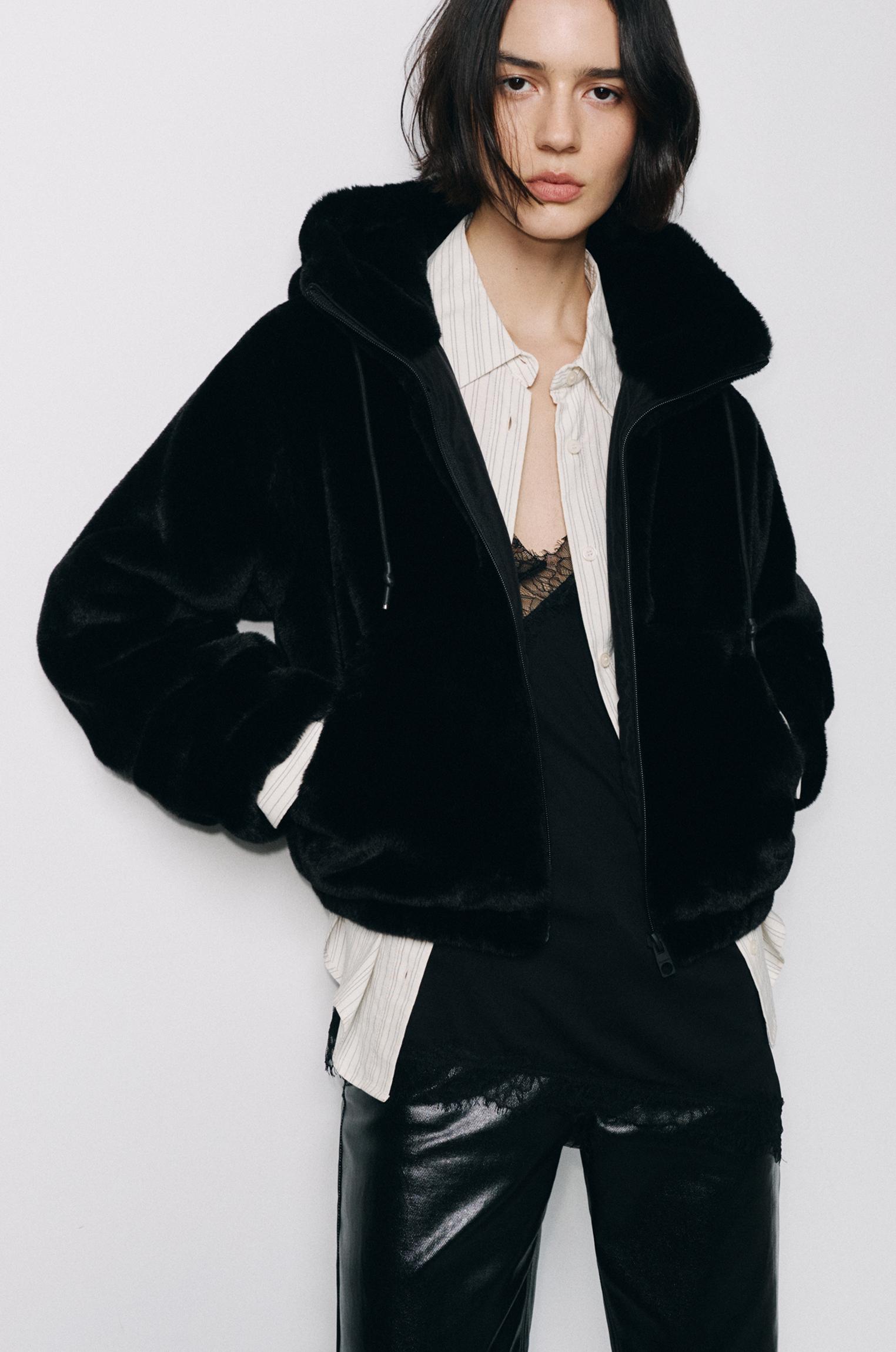 Faux fur hooded jacket — Black