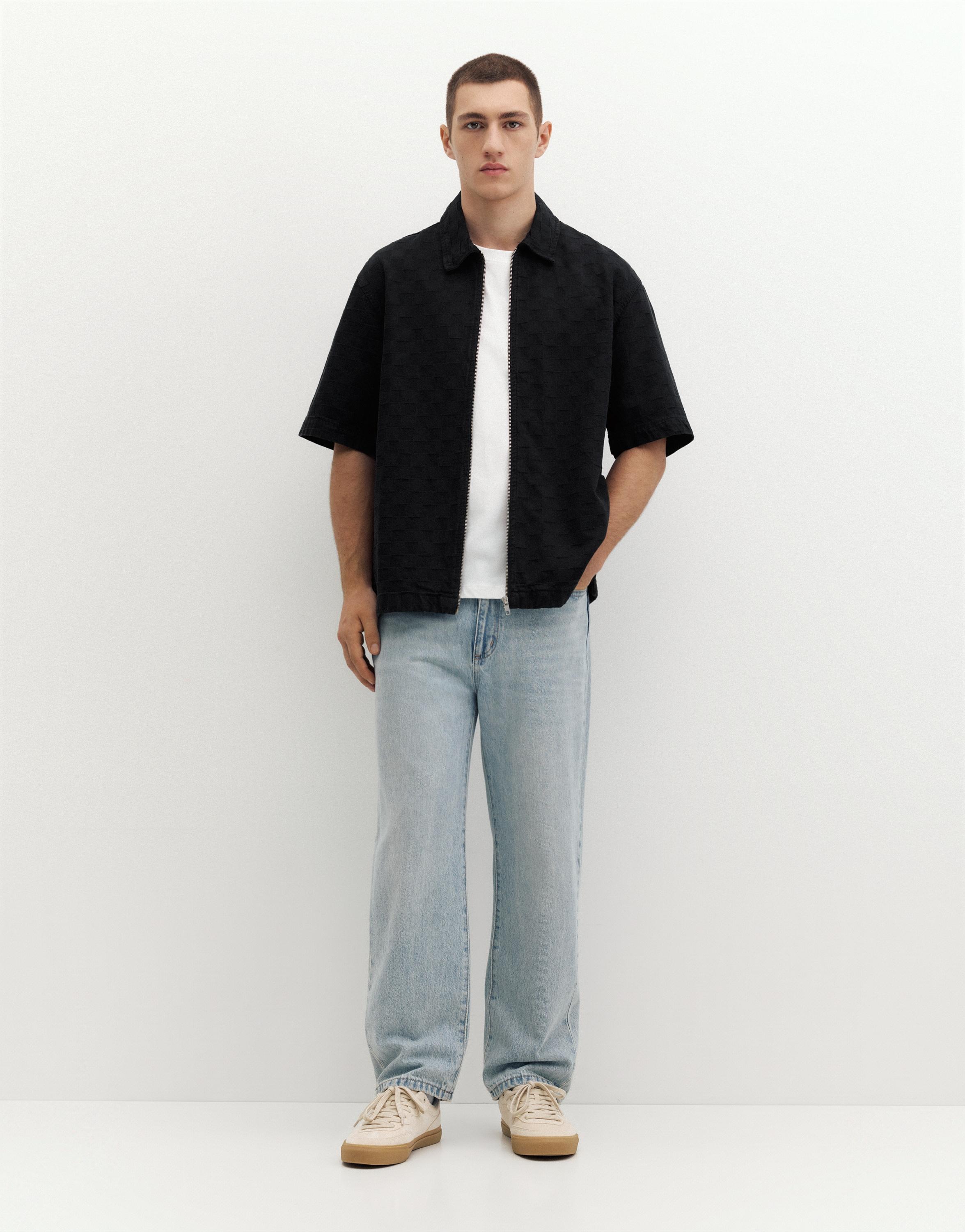 Short sleeve zip check shirt — Black
