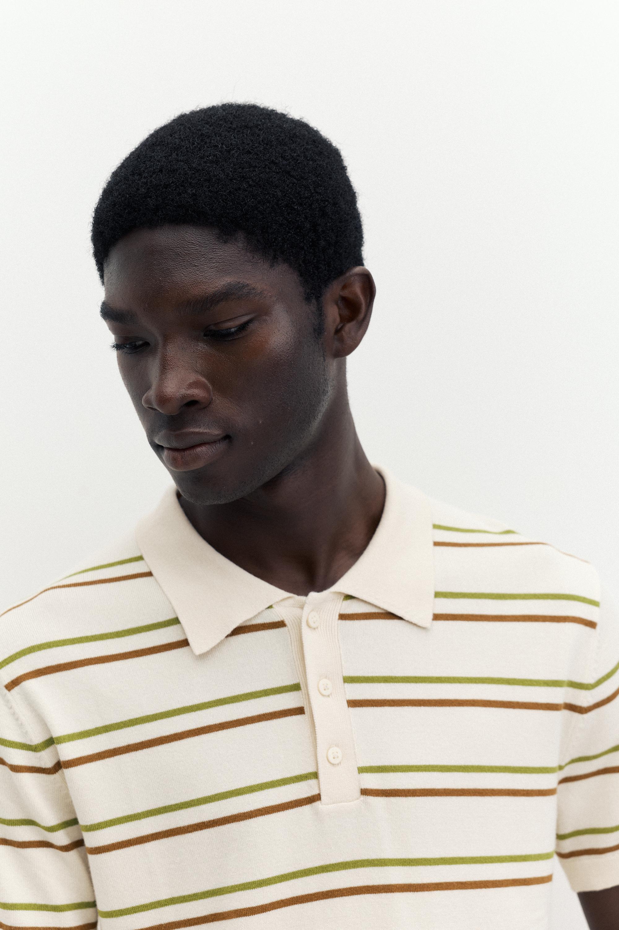 Short sleeve striped polo shirt — Sand
