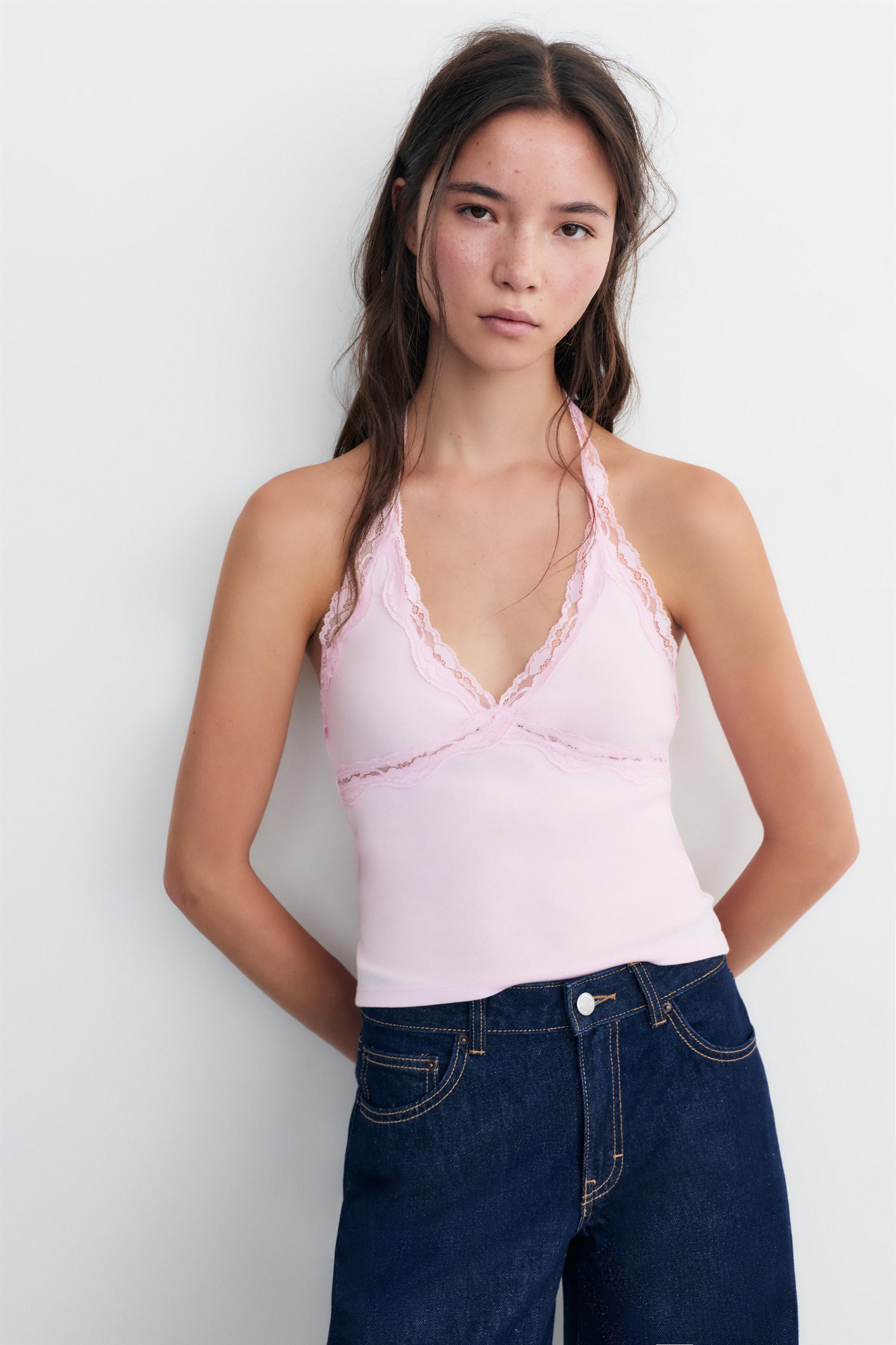 Lace-trimmed halter top — Pink