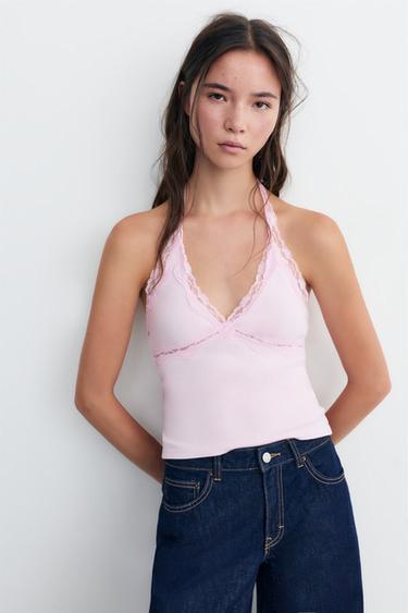Lace-trimmed halter top — Pink 2