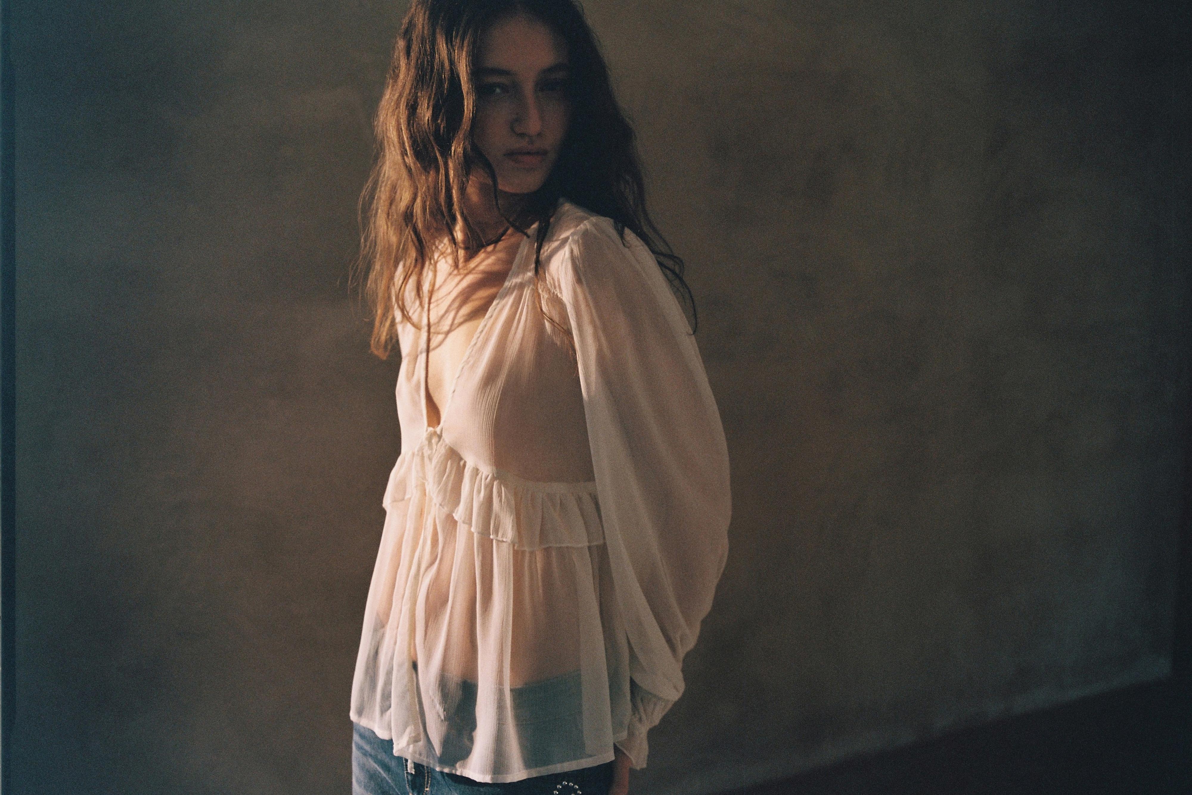 Sheer blouse with ruffle — Ice