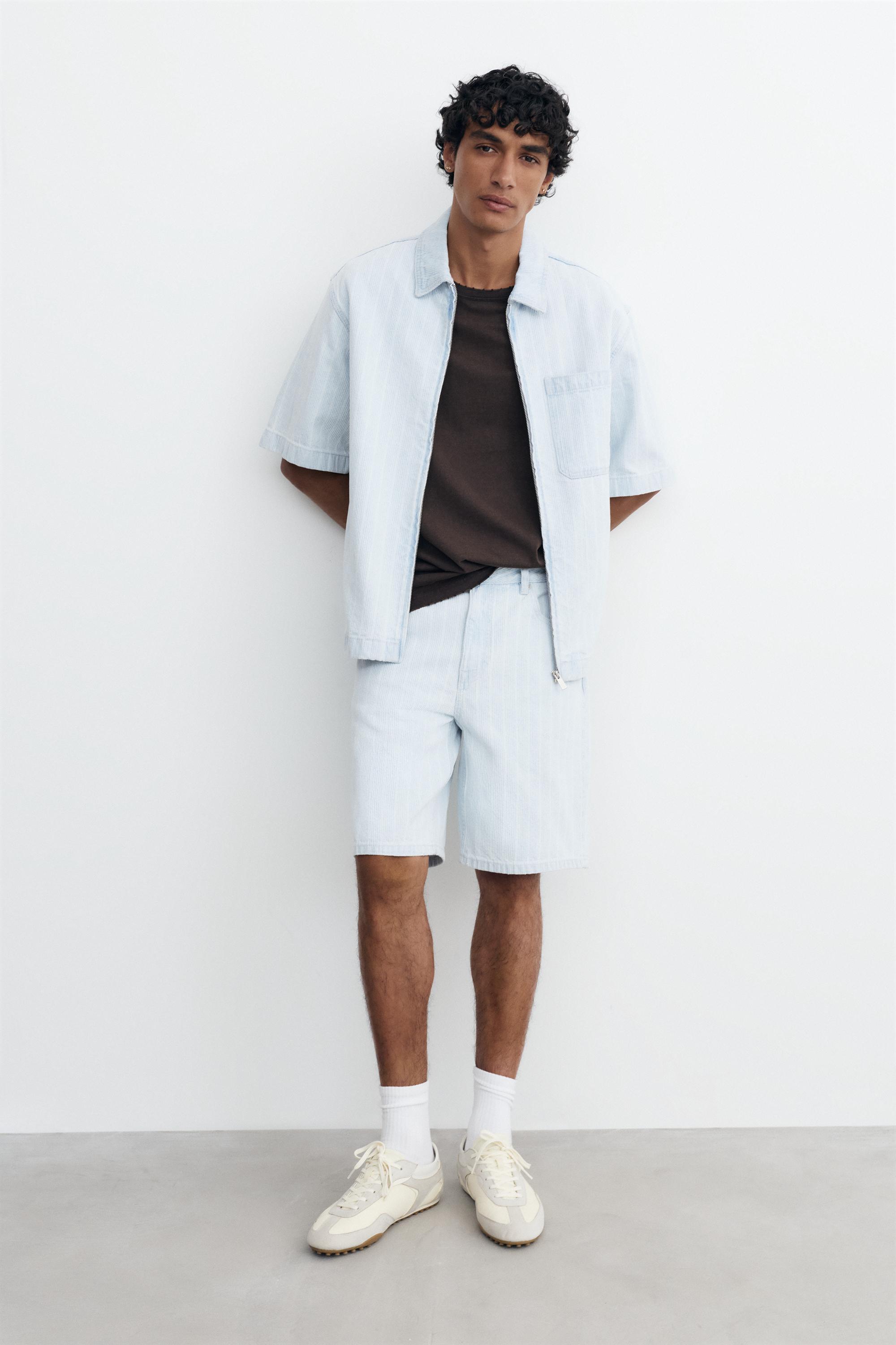 Standard fit jacquard denim Bermuda shorts — Pale blue