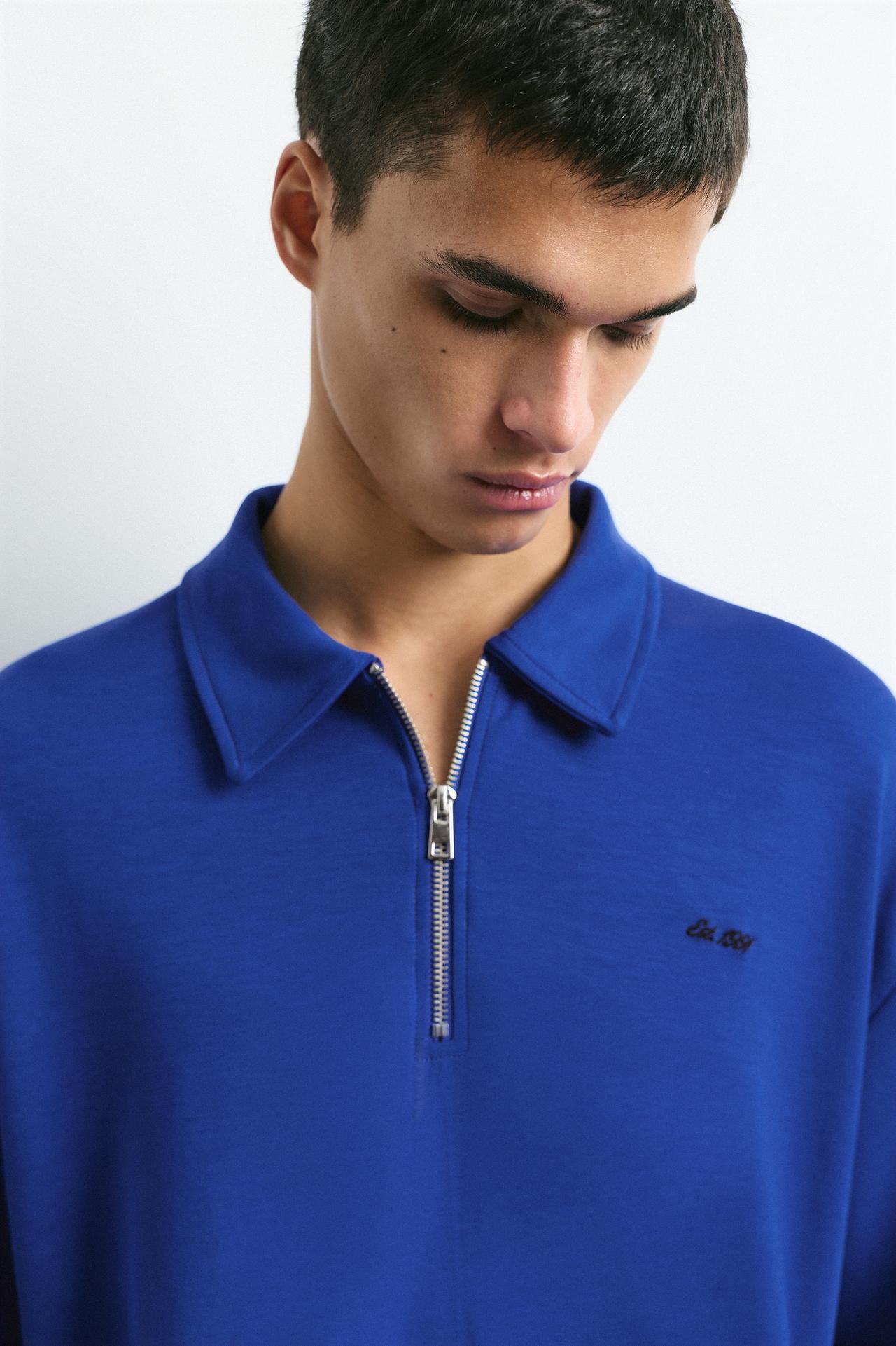 Embroidered zip polo shirt — Blue