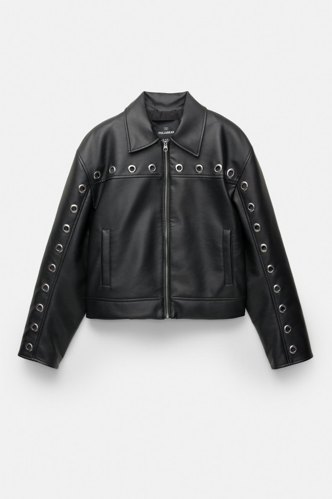 Chaqueta Polipiel Mujer Pull And Bear Cazadora Efecto Piel Eyelets