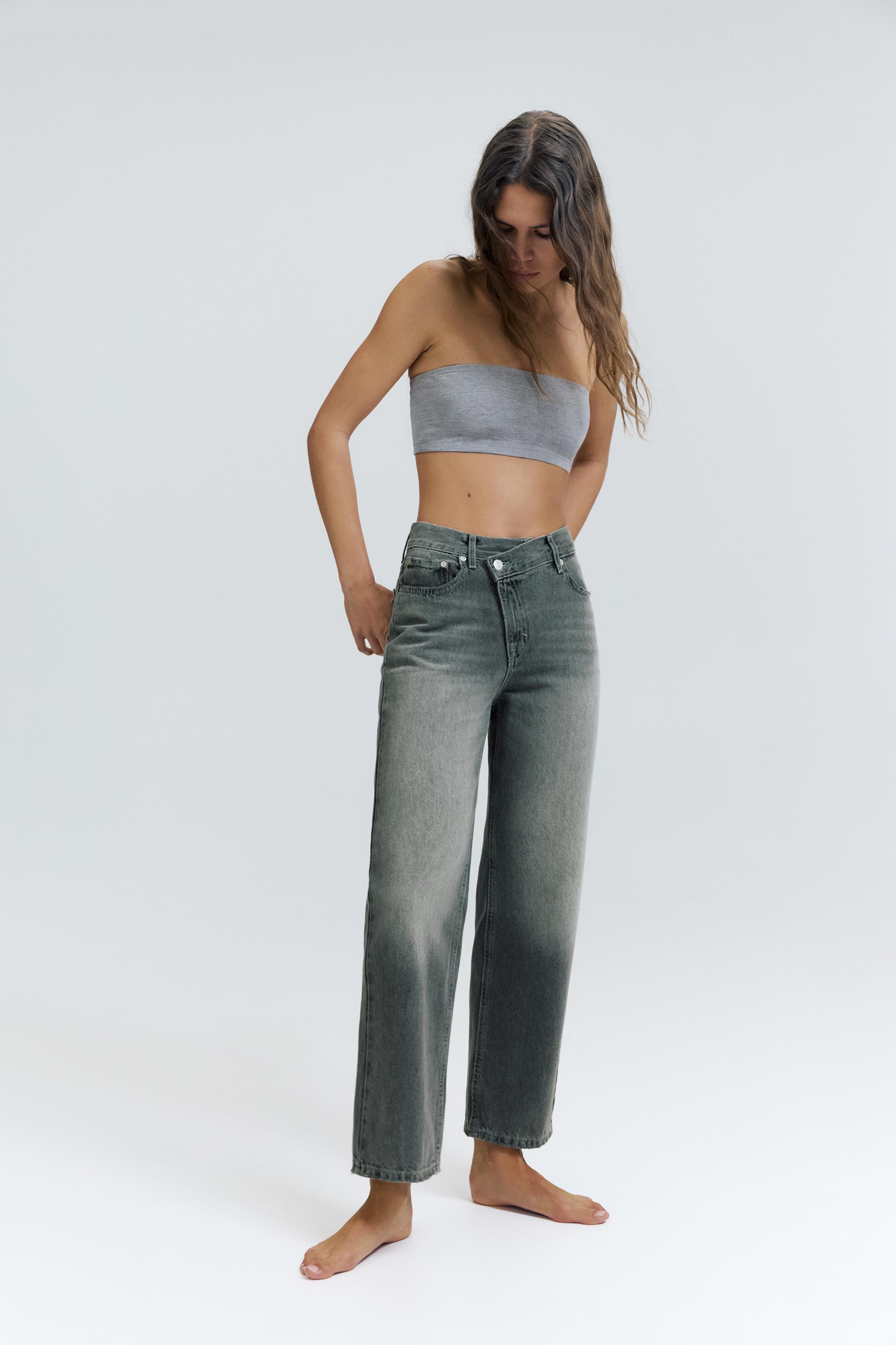 Straight-leg jeans with crossover waistband — Grey
