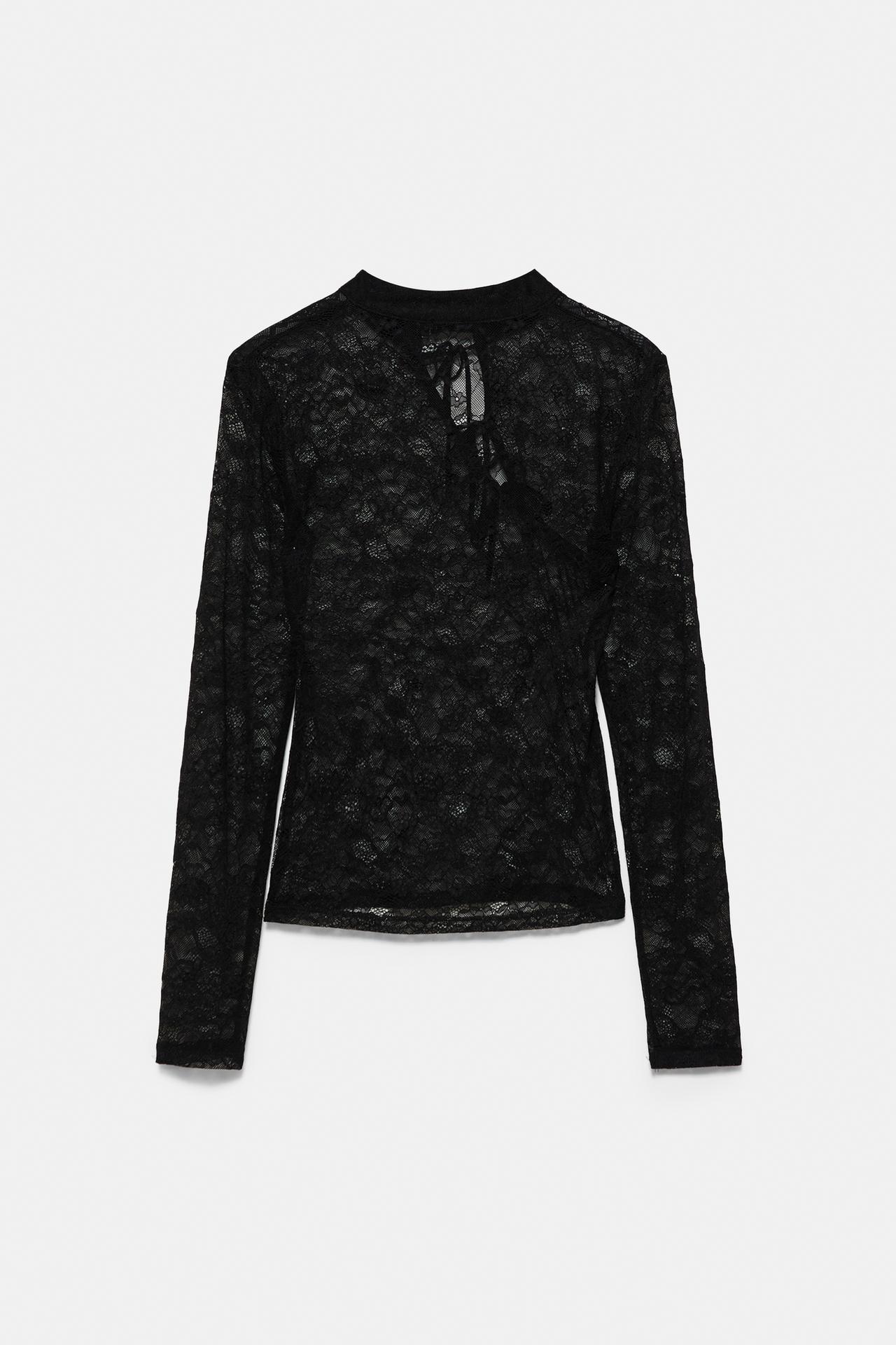 Lace stand collar top with fireman clasps — Black