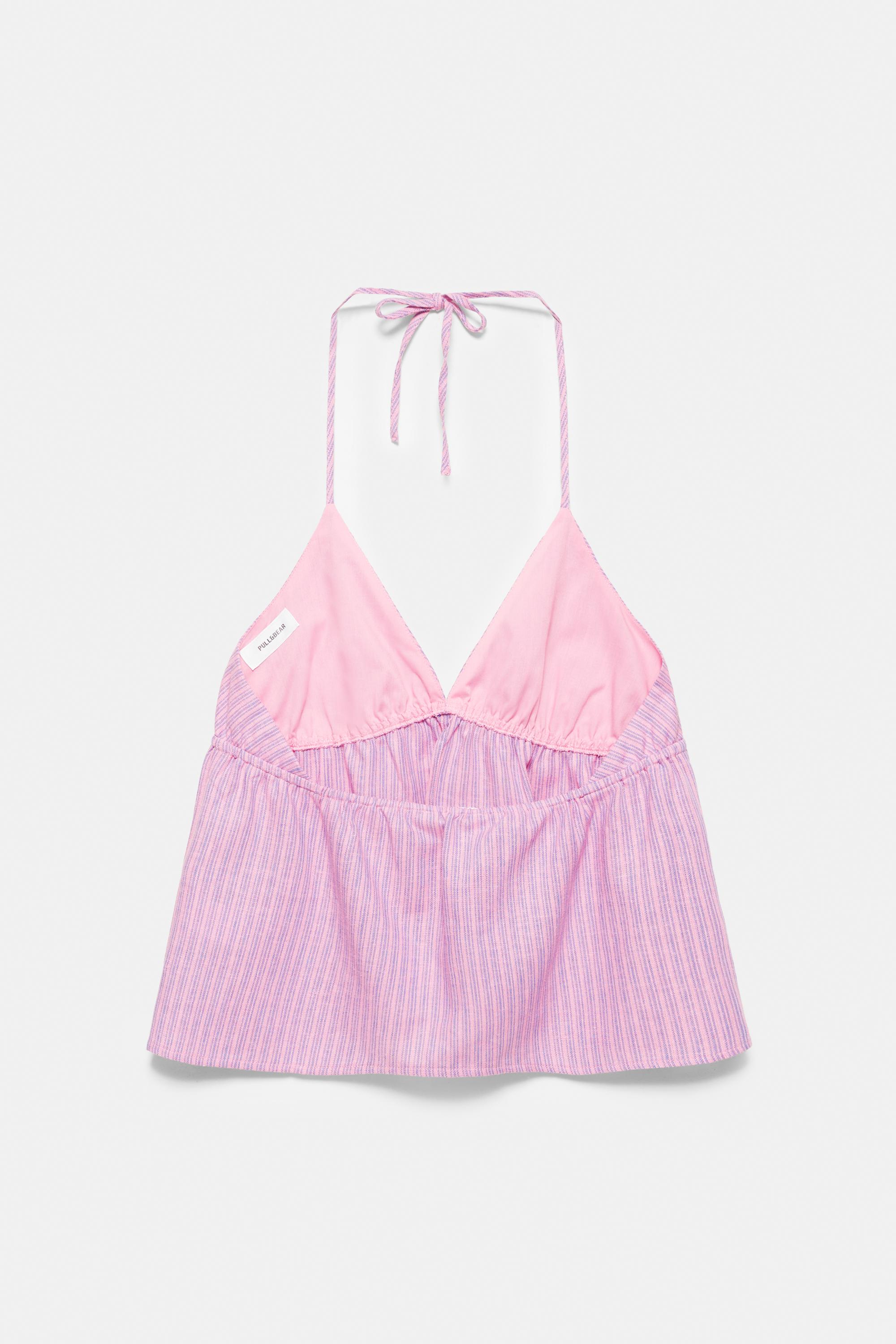 Striped linen blend halter top — Pink