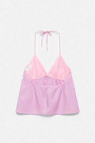 Striped linen blend halter top — Pink 7