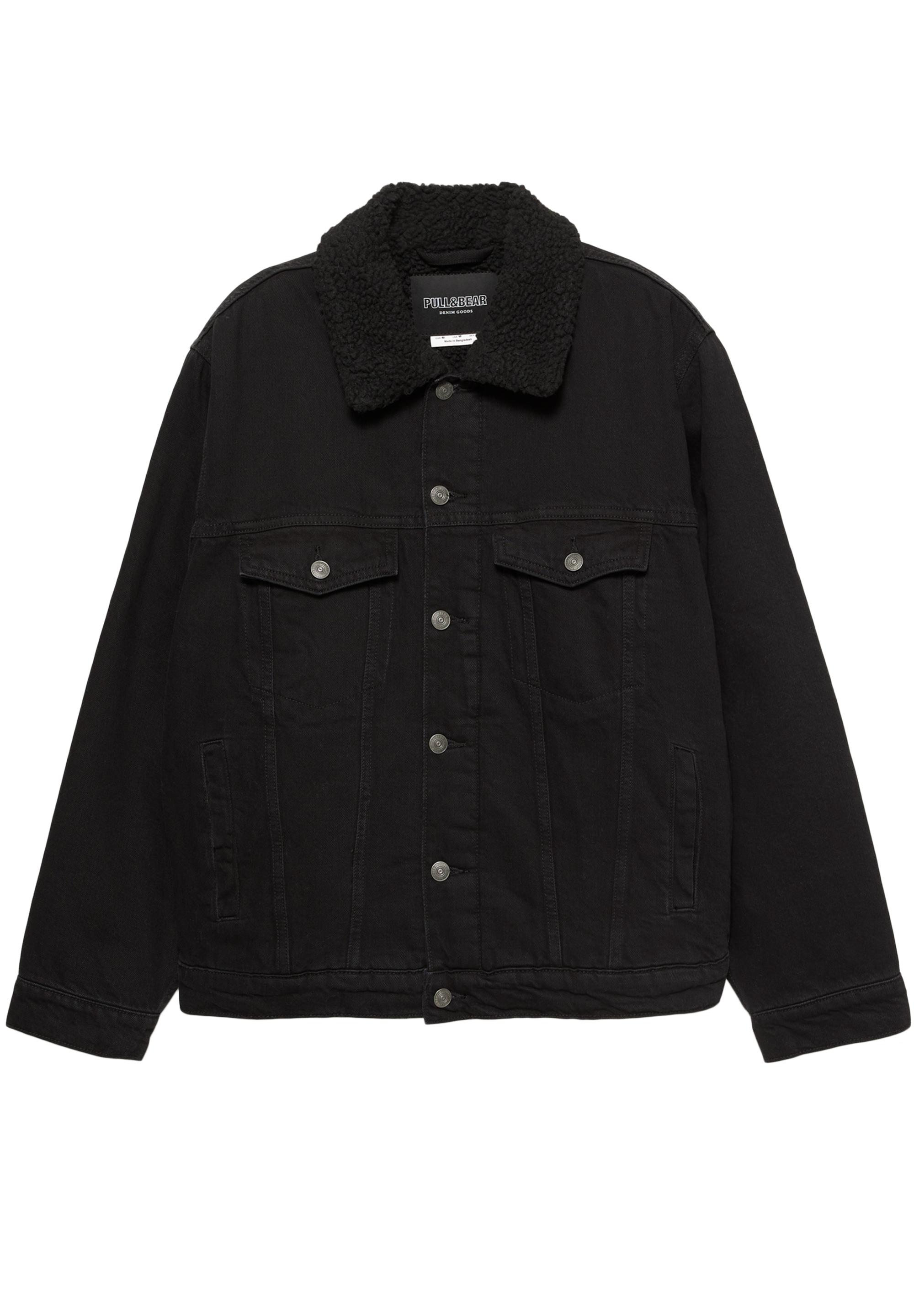 Denim jacket with faux shearling collar — Faded black