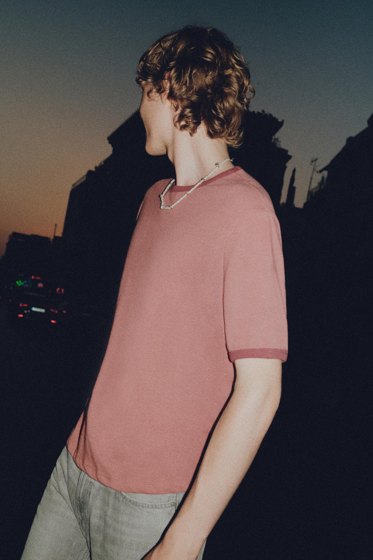 Contrast ribbed T-shirt — Pink