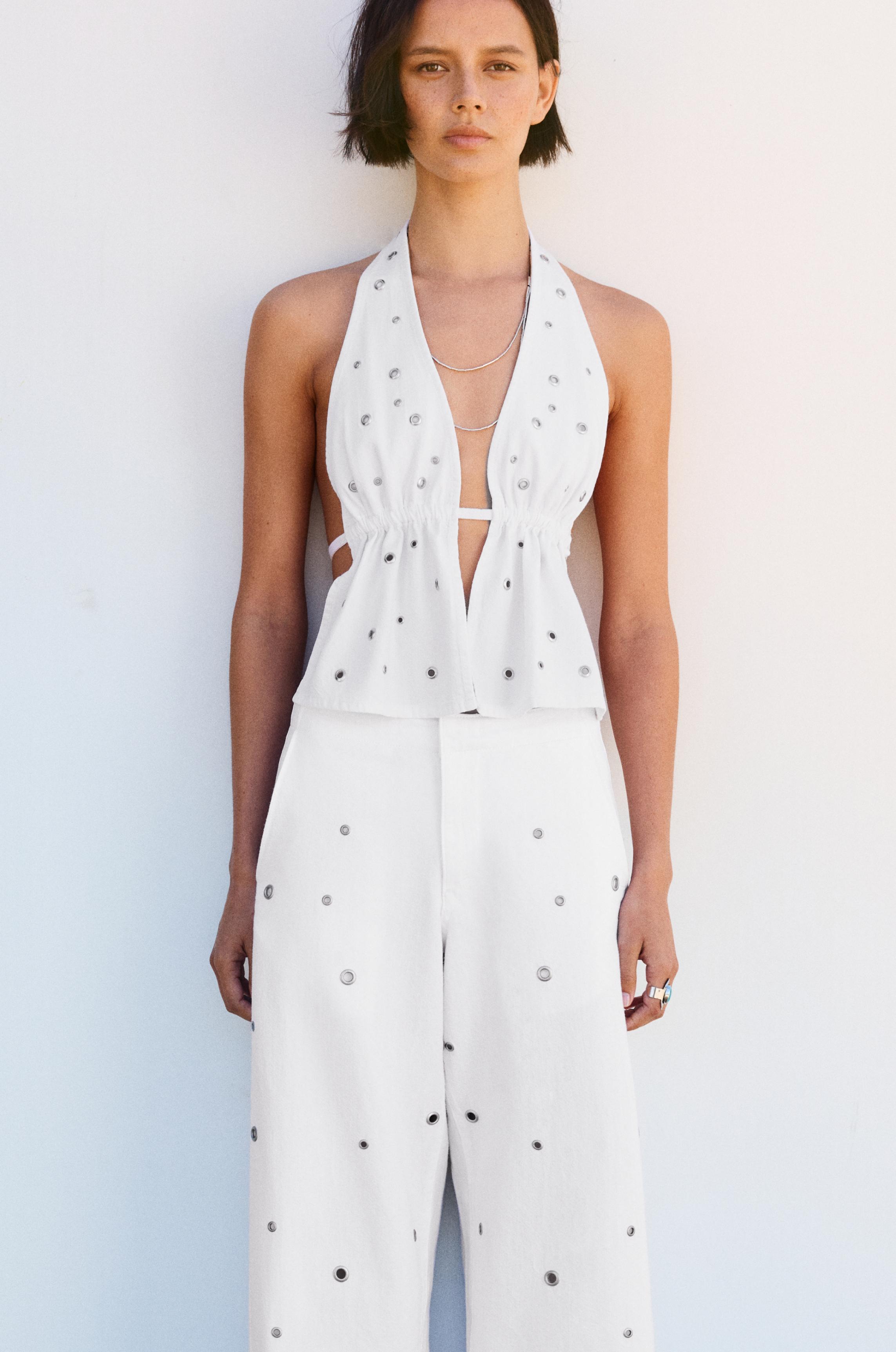 Eyelet halter top — White
