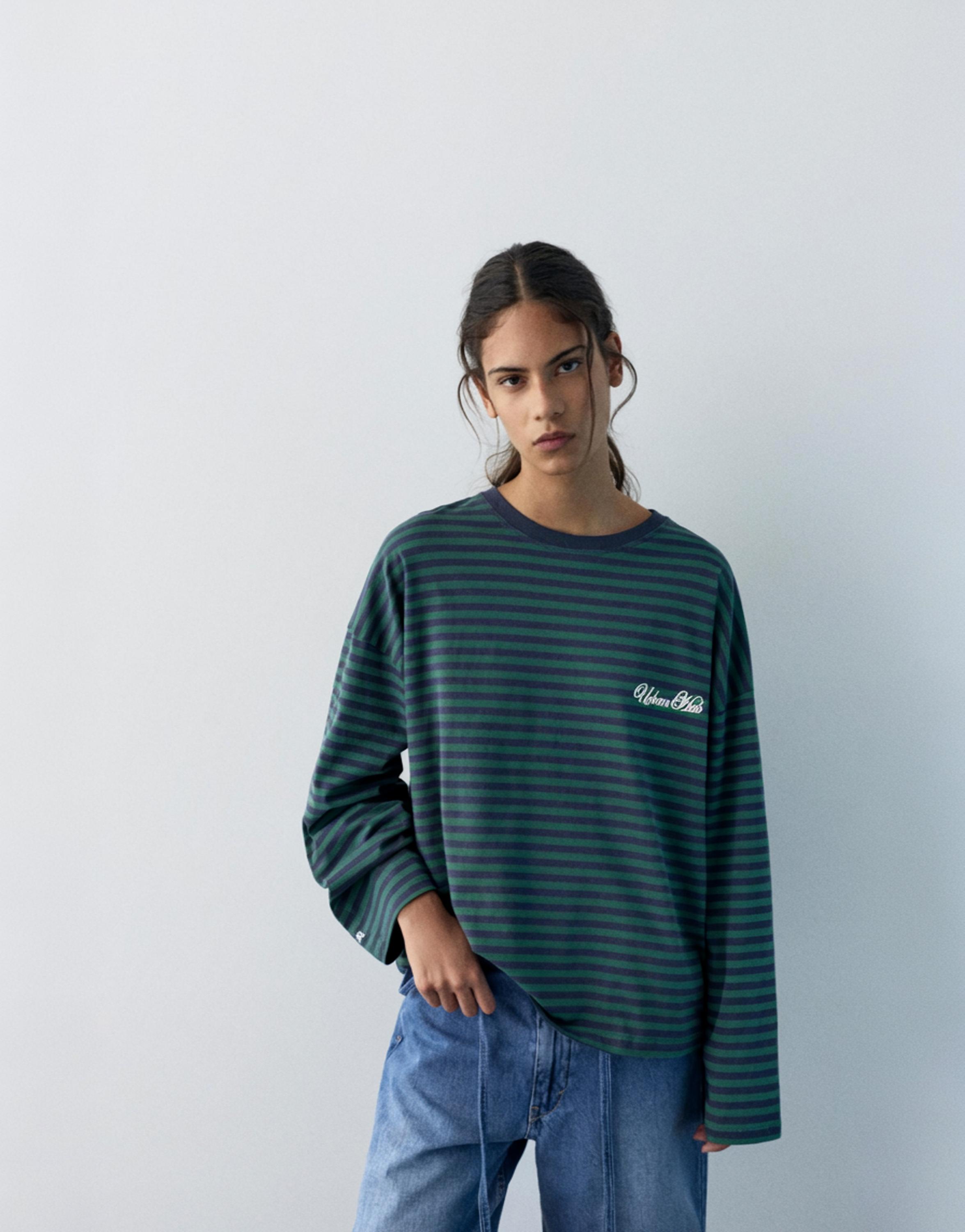 Yazılı çizgili uzun kollu t-shirt - Görsel 6