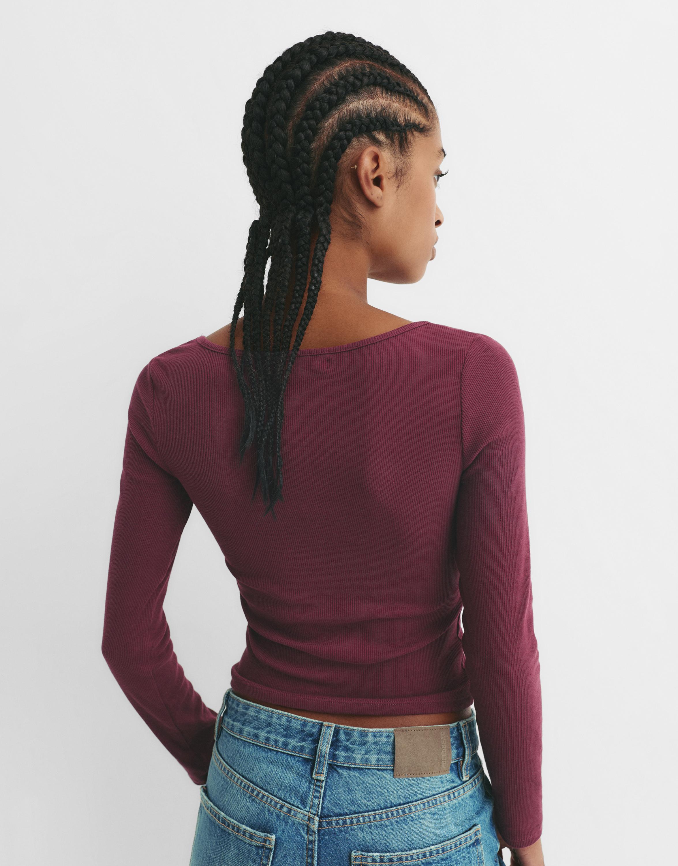 Ribbed round neck T-shirt — Burgundy
