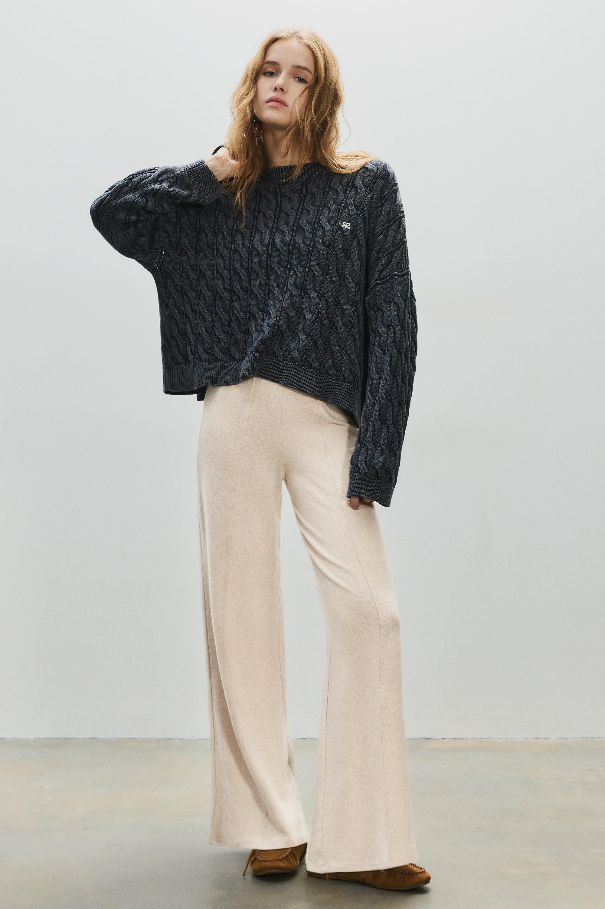 Wide-leg soft touch trousers — Ecru