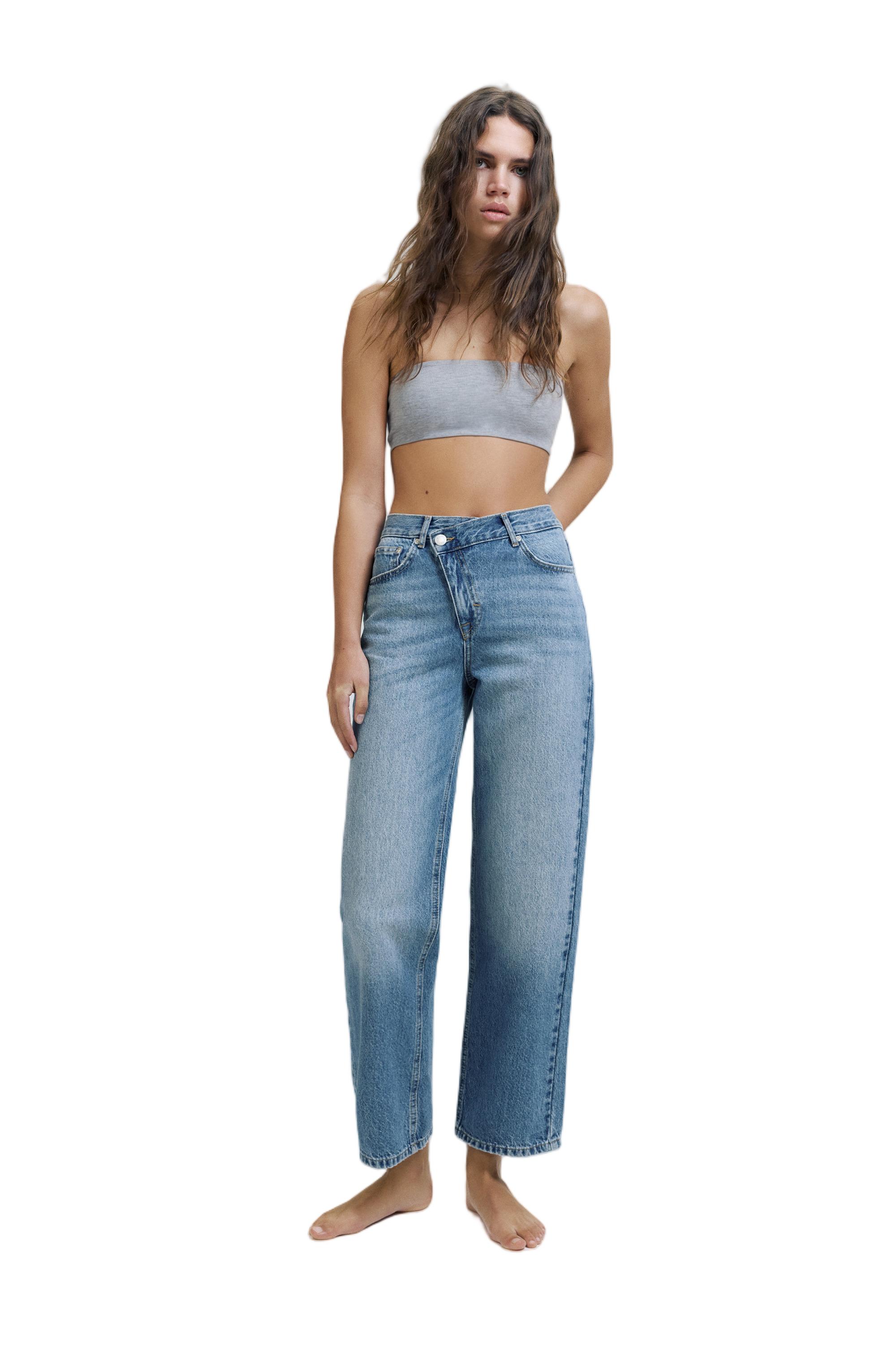 Straight-leg jeans with crossover waistband — Medium blue