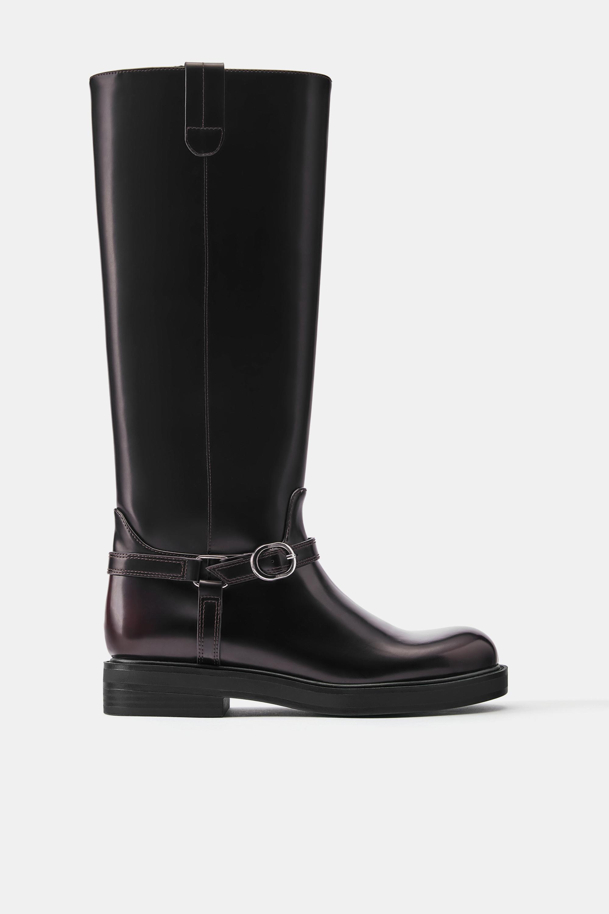 Flat high-leg buckled boots — Burgundy