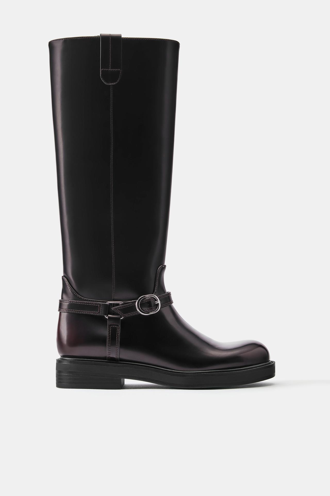 Flat buckle high boots — Burgundy