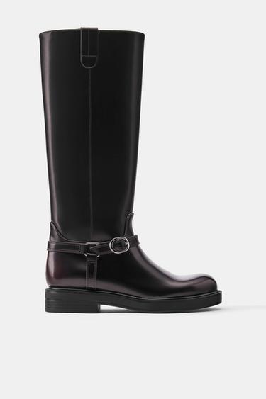 Flat buckle high boots — Burgundy 1