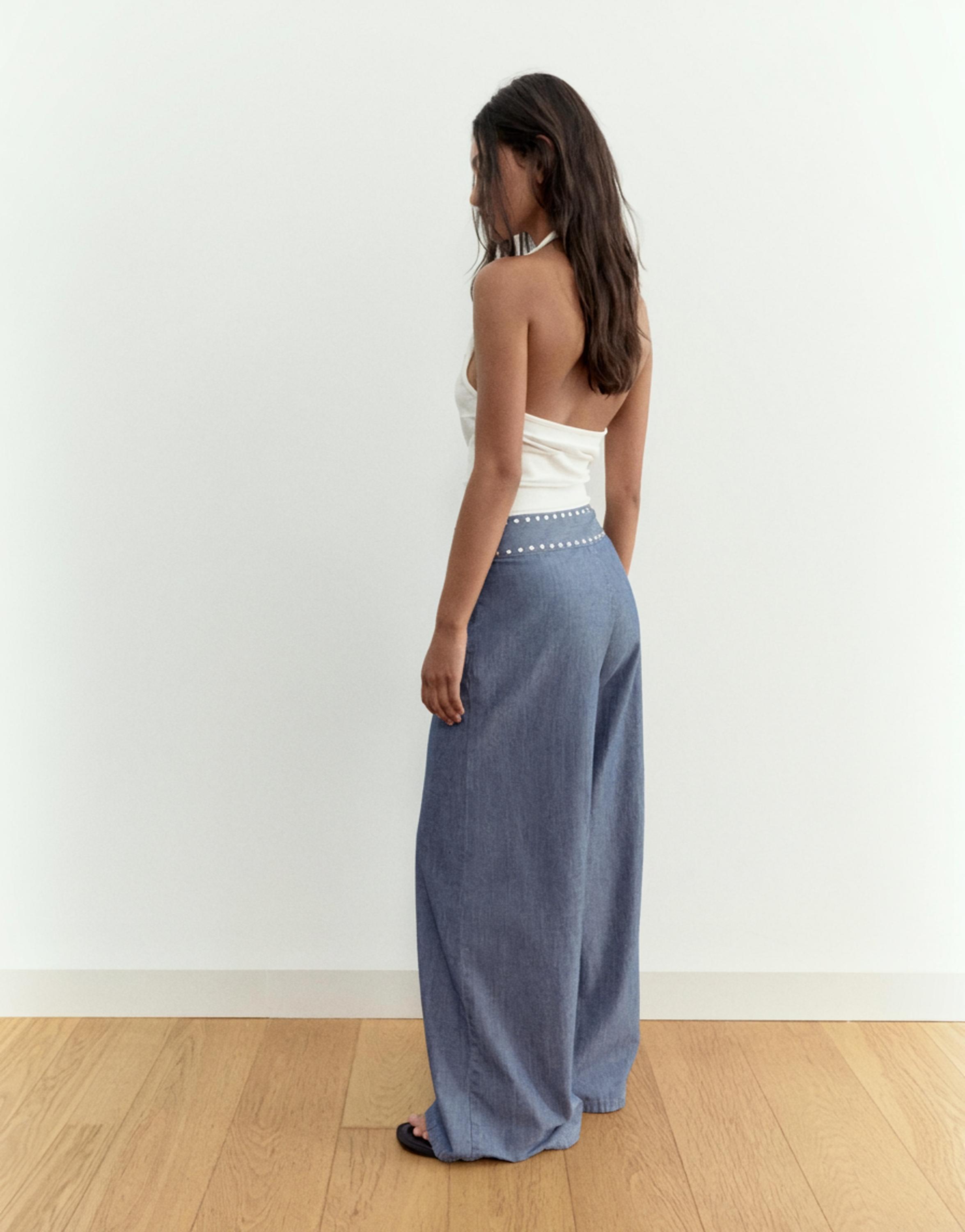Wide-leg jeans with studs — Dark blue