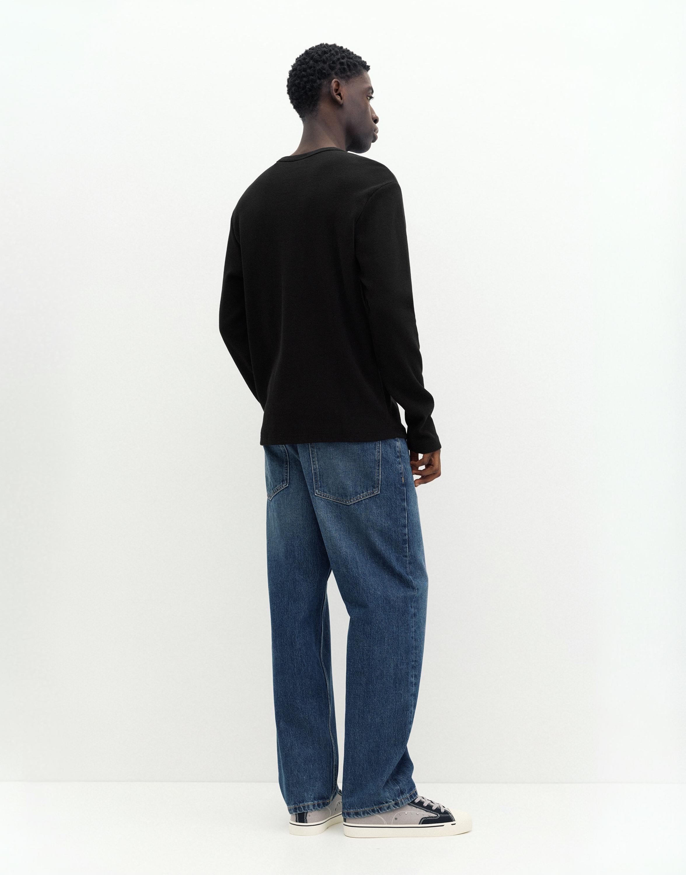 Waffle-knit long sleeve T-shirt — Black